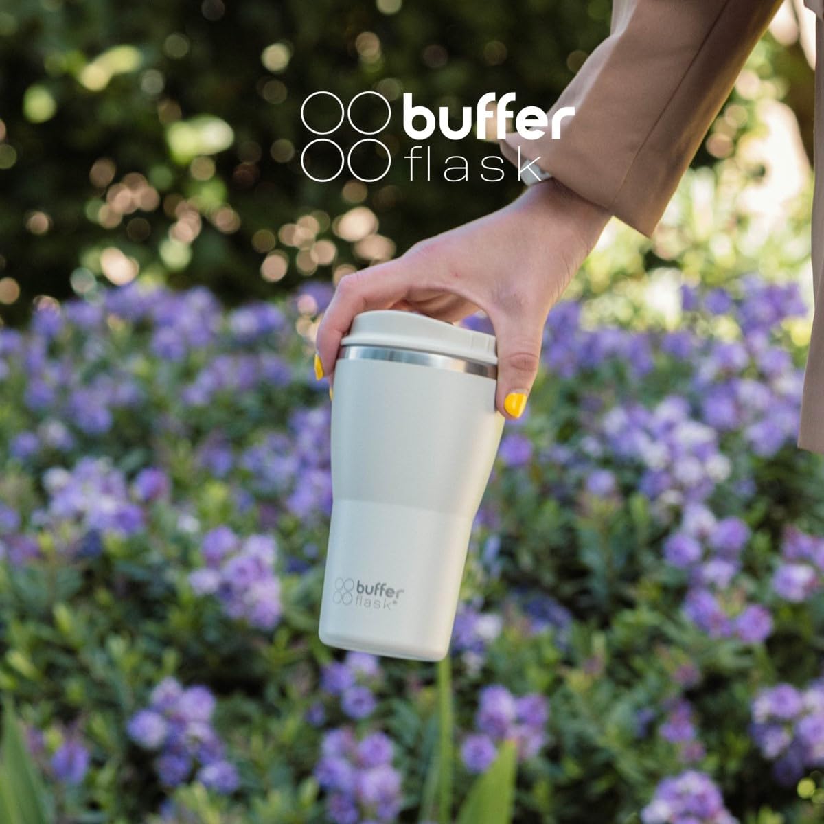 Buffer Flask - Vaso Térmico 420 ml - Termo para Café y Agua de Acero Inoxidable - Tapa Anti Derrame y Fugas - Taza Tumbler Mug para Bebidas Frías y Calientes - Incluye Popote - Color Ivory