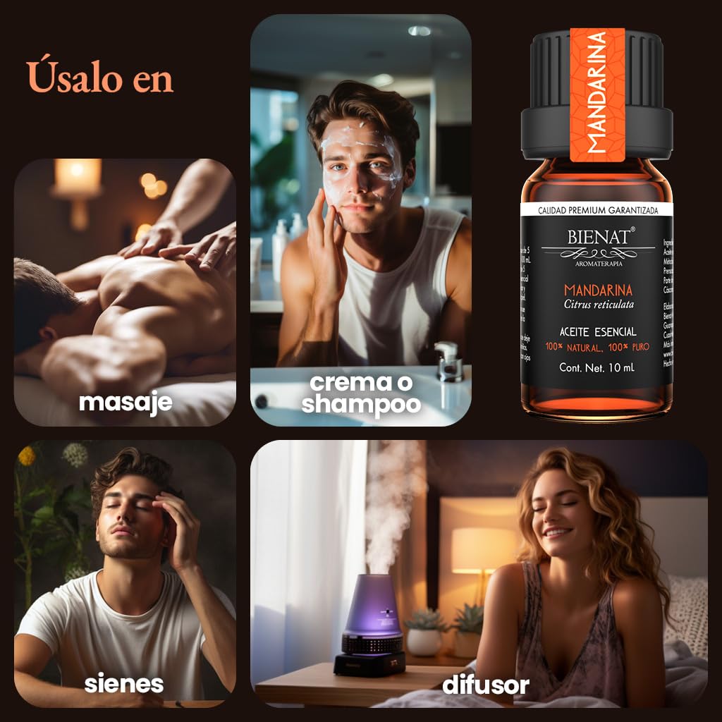BIENAT AROMATERAPIA Aceite Esencial de Mandarina 10mL | 100% Puro y Concentrado | Ideal para Difusor de Aromas, Humidificador, Aromaterapia, Masajes, Meditación, Jabones y Velas | Esencia Natural en Gotas