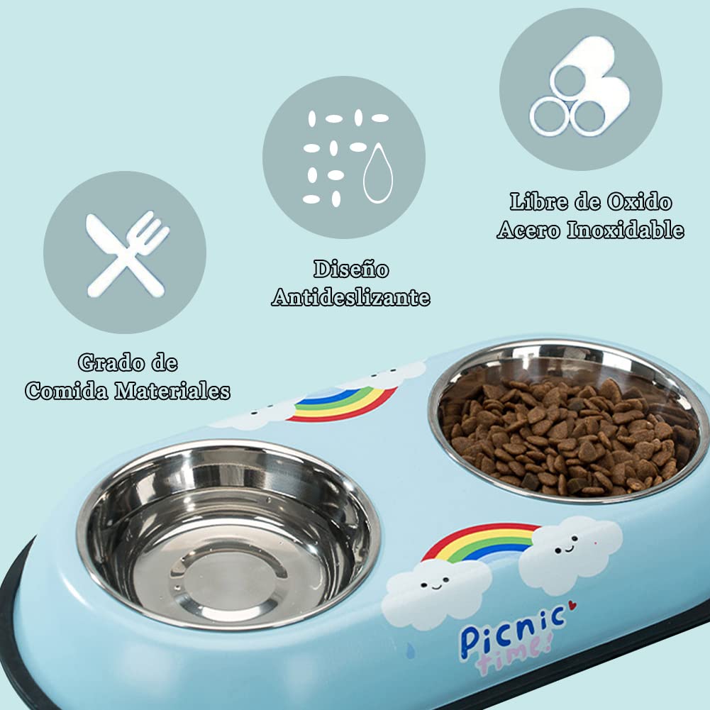 Platos REKOBON Azul de Acero Inoxidable Antideslizantes con Dibujos Animados para Mascotas Pequeñas y Medianas