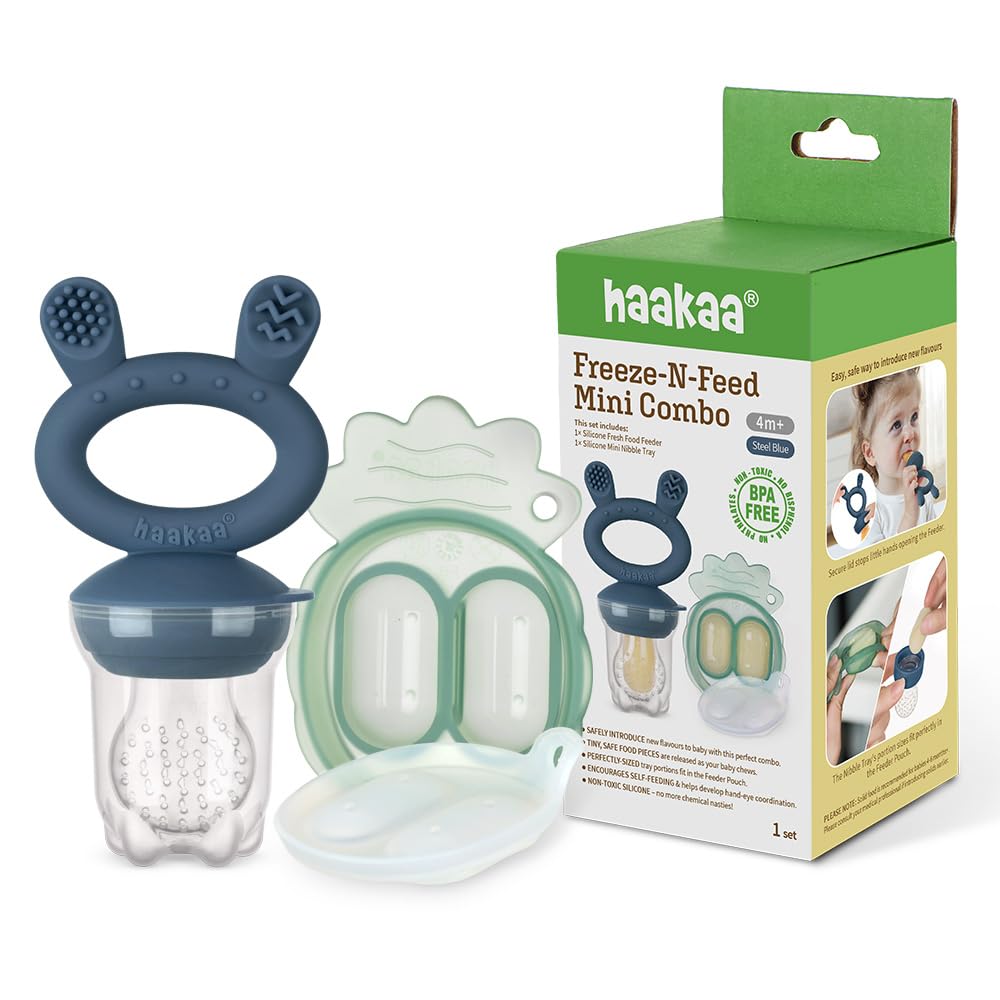 Haakaa Freeze-N-Feed Mini Combo con alimentador de alimentos de silicona y mini bandeja de silicona | Alimentador de alimentos sólidos para bebés | Almacenamiento y alimentador de moldes de paletas de