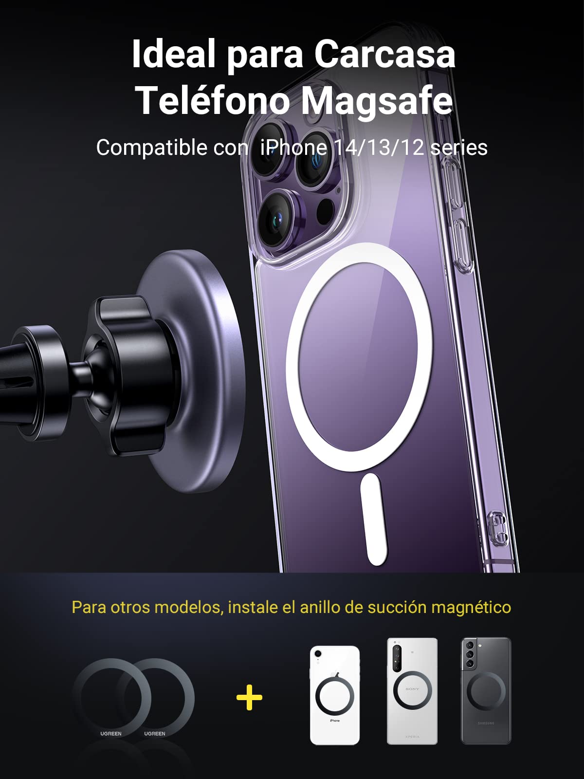 Soporte Celular UGREEN Negro con Anillo Magnético para Auto