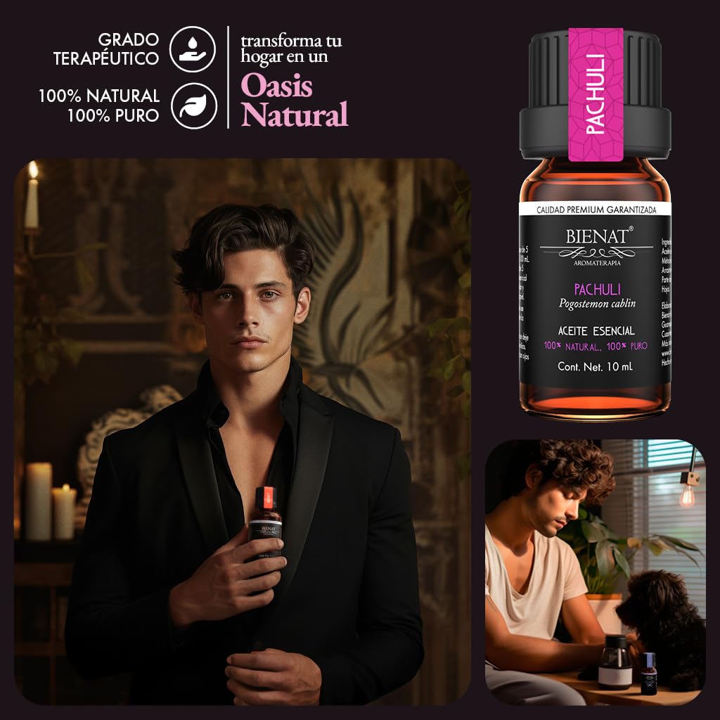 BIENAT AROMATERAPIA Aceite Esencial de Pachuli 10mL | 100% Puro y Concentrado | Ideal para Difusor de Aromas, Humidificador, Aromaterapia, Masajes, Meditación, Jabones y Velas | Esencia Natural en Gotas