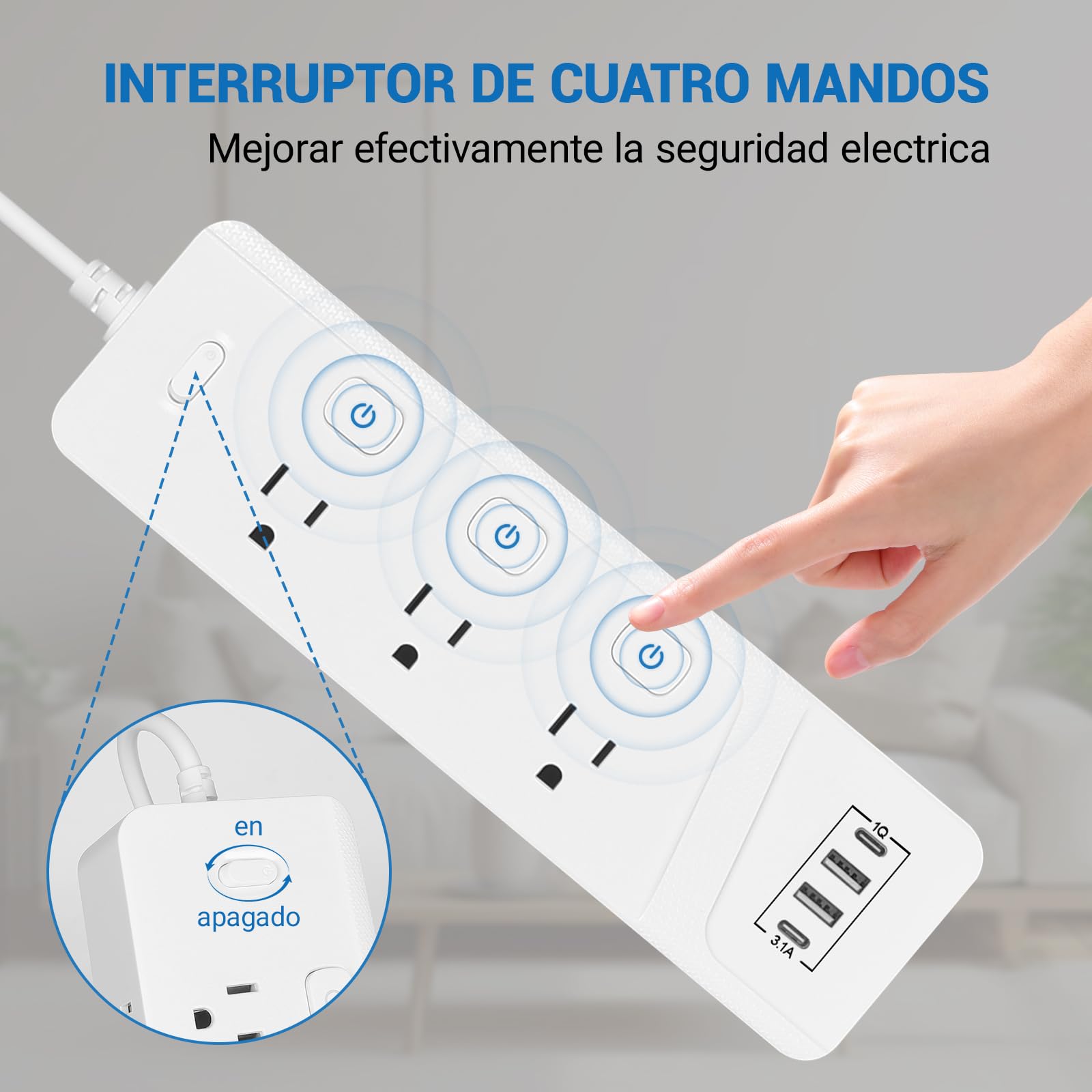 FAYCUCHO Regleta de Escritorio Multicontacto, 6 Tomas de Ca y 4 USB (2 USB-C), Cable de Extensión Delgado Plano de 1.8 m, Montaje en el Borde del Escritorio, Excelente para Oficina y Hogar