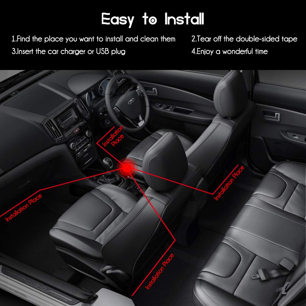 Haofy Luz Interior Coche, 4 Piezas 48 LED Lámpara de Neón Luz de Tira Multicolor Coche de Música, con Función Activa de Sonido y Control Remoto y Puertos USB y Cargador de Automóvil