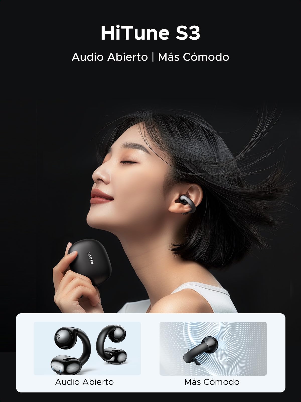 Audífonos Inalámbricos UGREEN Negro Open-Ear con ENC y Carga Rápida para 30 Horas de Reproducción