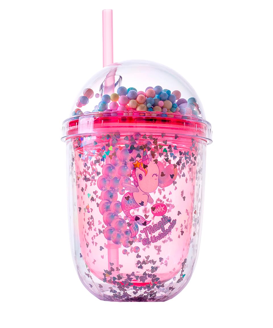 Vaso con Glitter Onix con tapa y popote, Unicornio Sirena