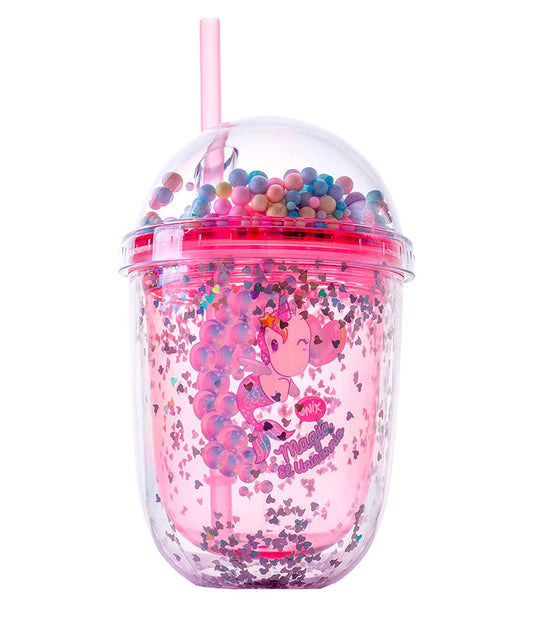 Vaso con Glitter Onix con tapa y popote, Unicornio Sirena