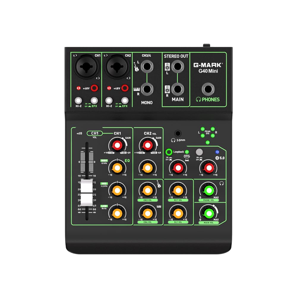 G-MARK Portátil Mezcladora de Audio de 4 Canales, USB OTG Interfaz Bluetooth Estéreo Phantom Power de 48 V Consola De Sonido para DJ, Estudio, Teléfono Móvil, Tableta (G40MINI 4 Canales)