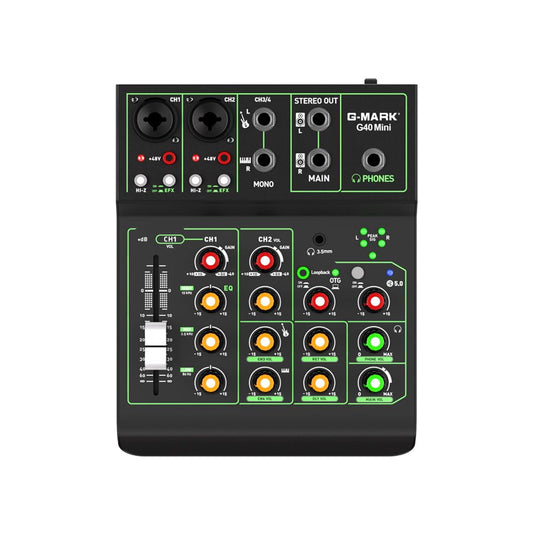 G-MARK Portátil Mezcladora de Audio de 4 Canales, USB OTG Interfaz Bluetooth Estéreo Phantom Power de 48 V Consola De Sonido para DJ, Estudio, Teléfono Móvil, Tableta (G40MINI 4 Canales)