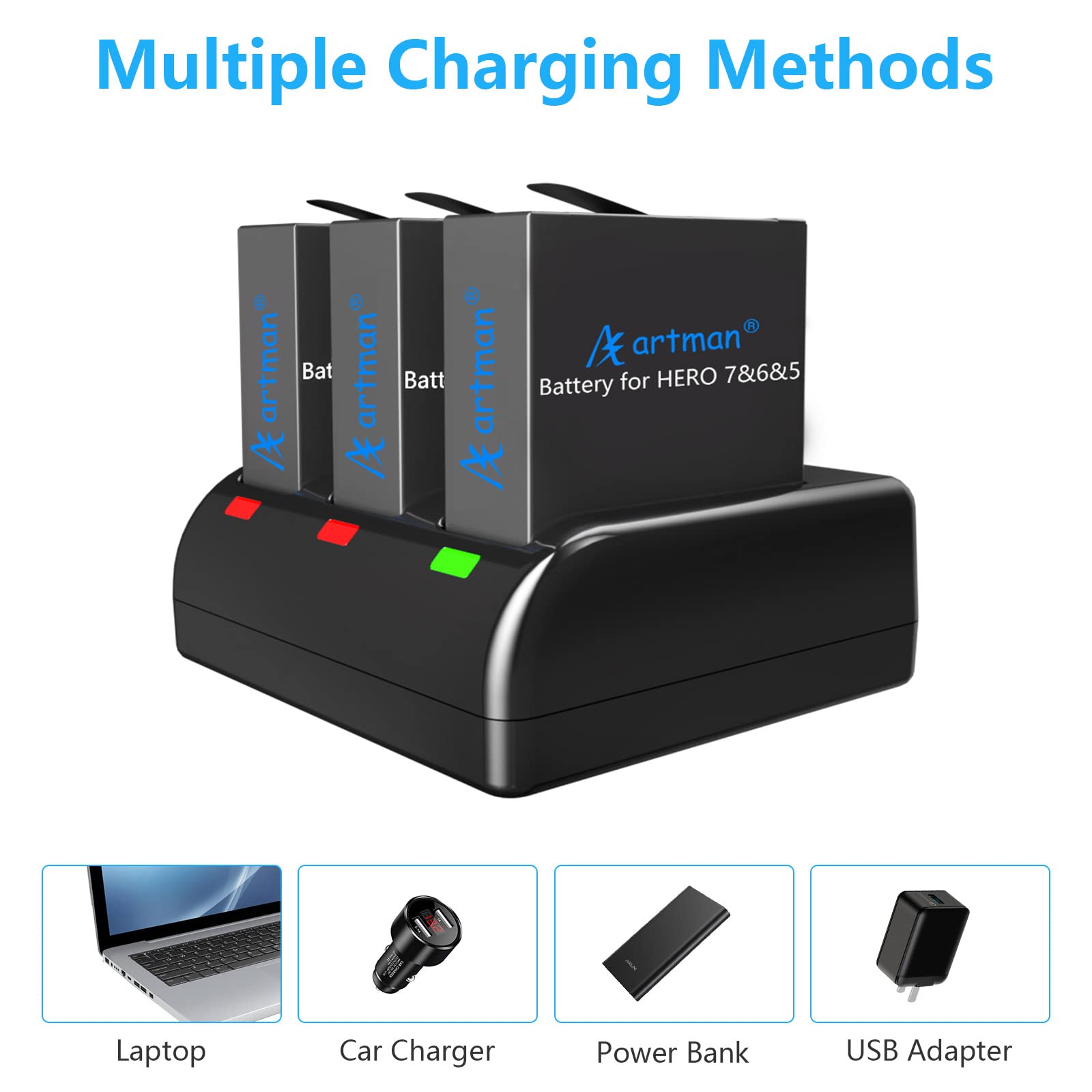 Artman Baterías de repuesto GoPro Hero 5/6/7 1480mAh (Pack de 3) y cargador USB LED de 3 canales para GoPro Hero 5 Black, AHDBT-501, Hero(2018),Hero 6,Hero 7 Black(compatible con la original)
