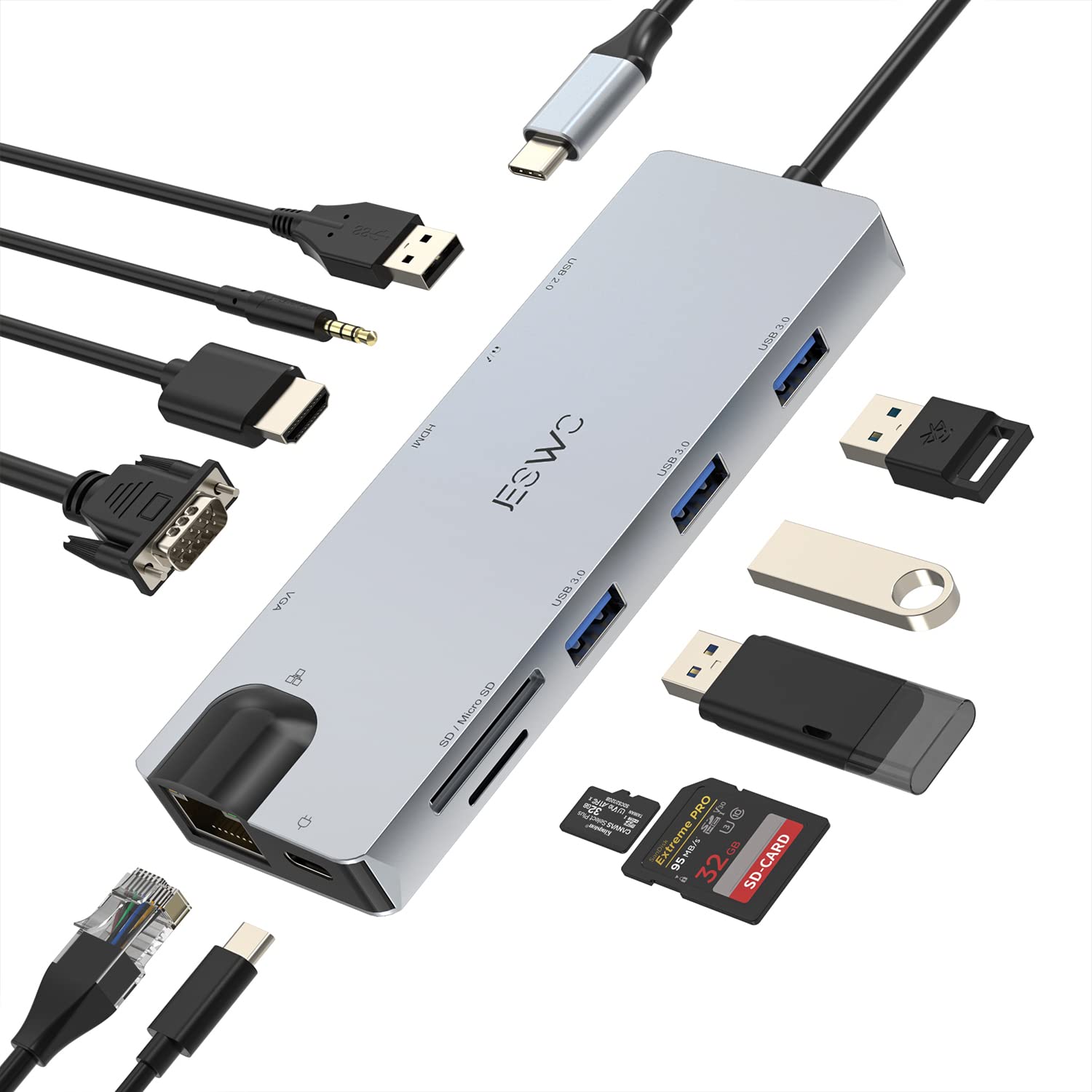 JESWO USB C Hub, 11 en 1 Adaptador Multipuerto Hub Tipo C con HDMI 4K, 3*USB 3.0, 2*USB 2.0, USB C 100W PD Carga, Ethernet de 1000 Mbps, Lector de Tarjetas SD/TF y VGA, Compatible con Macbook Pro/Air