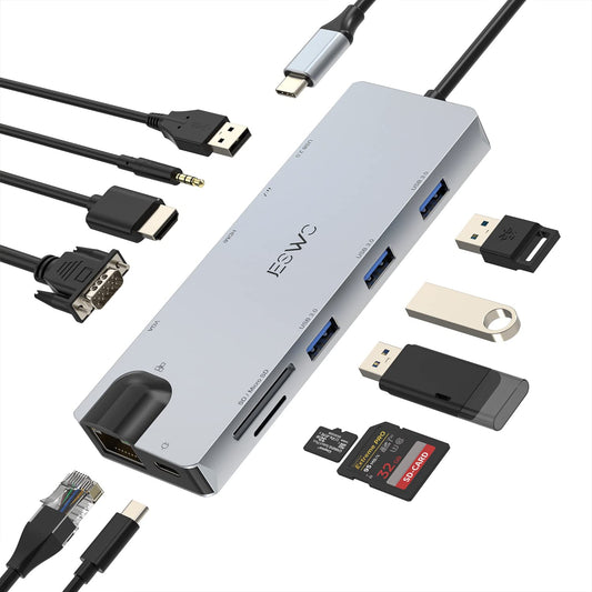 JESWO USB C Hub, 11 en 1 Adaptador Multipuerto Hub Tipo C con HDMI 4K, 3*USB 3.0, 2*USB 2.0, USB C 100W PD Carga, Ethernet de 1000 Mbps, Lector de Tarjetas SD/TF y VGA, Compatible con Macbook Pro/Air