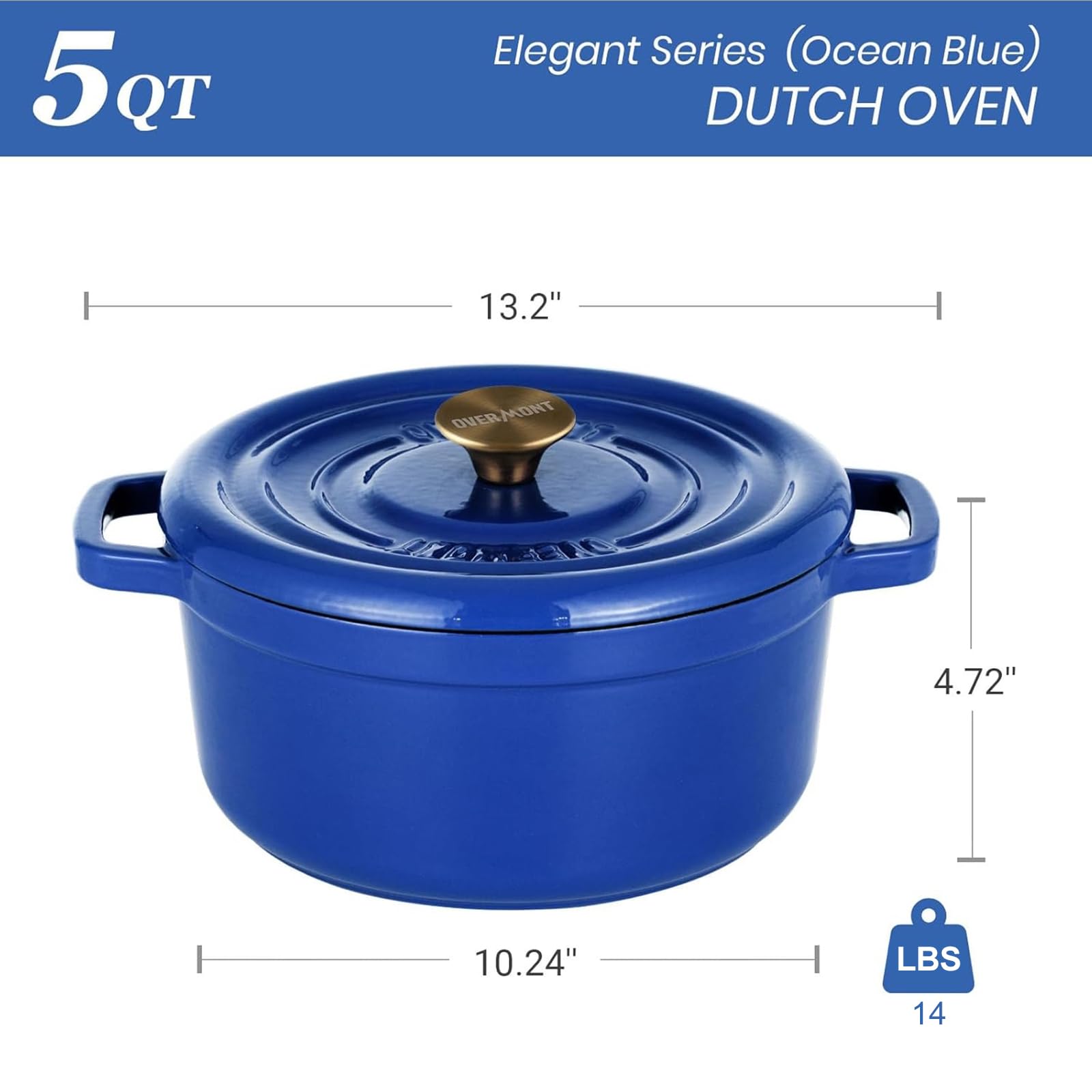 Overmont - Horno holandés de hierro fundido esmaltado de 26 cm, olla de 5 litros con tapa y agarraderas de algodón, utensilios de cocina resistentes para estofado, guisos, asar, hornear pan, color