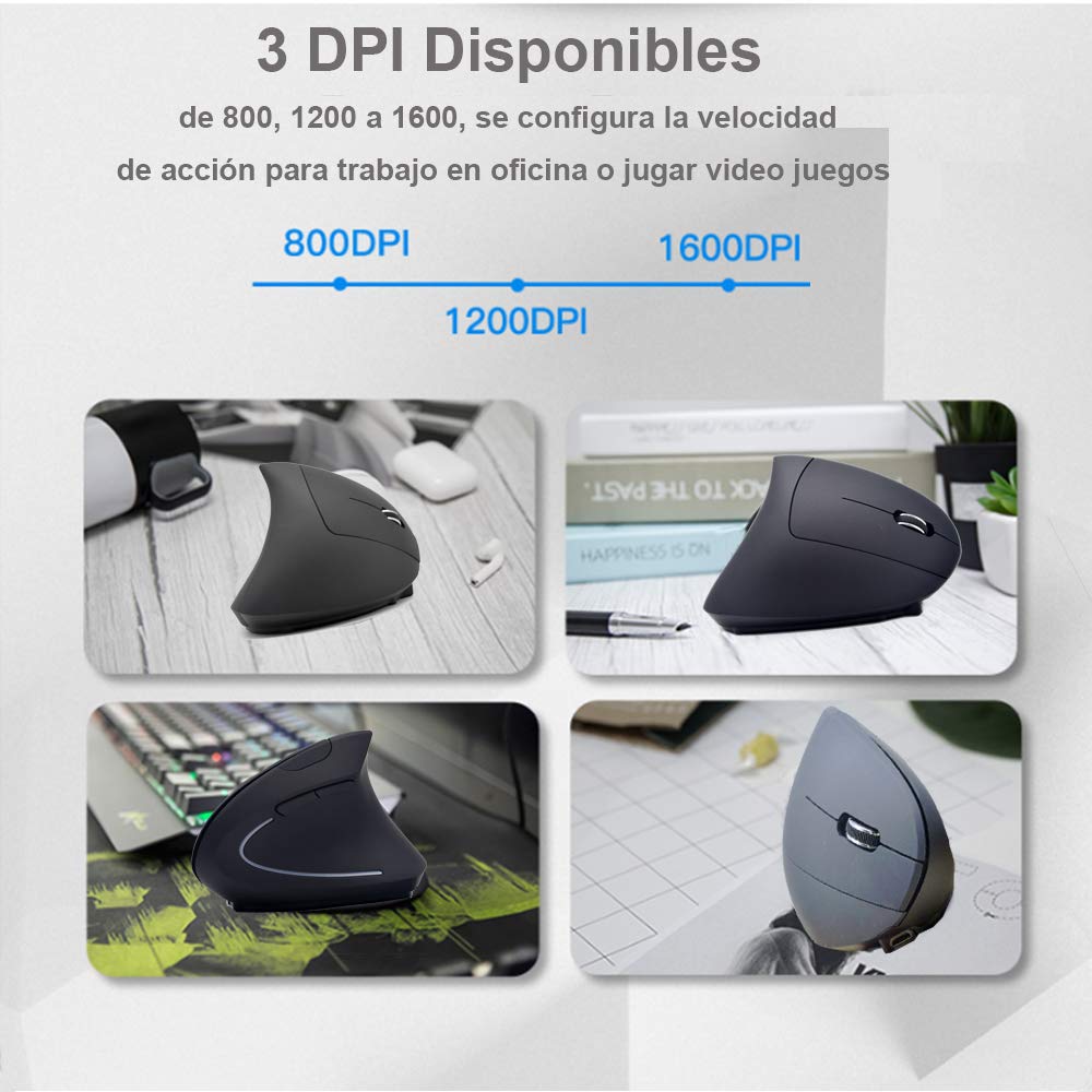 Mouse Ergonómico Inalámbrico Recargable Negro con Diseño de 6 Botones y 3 DPIs Ajustables