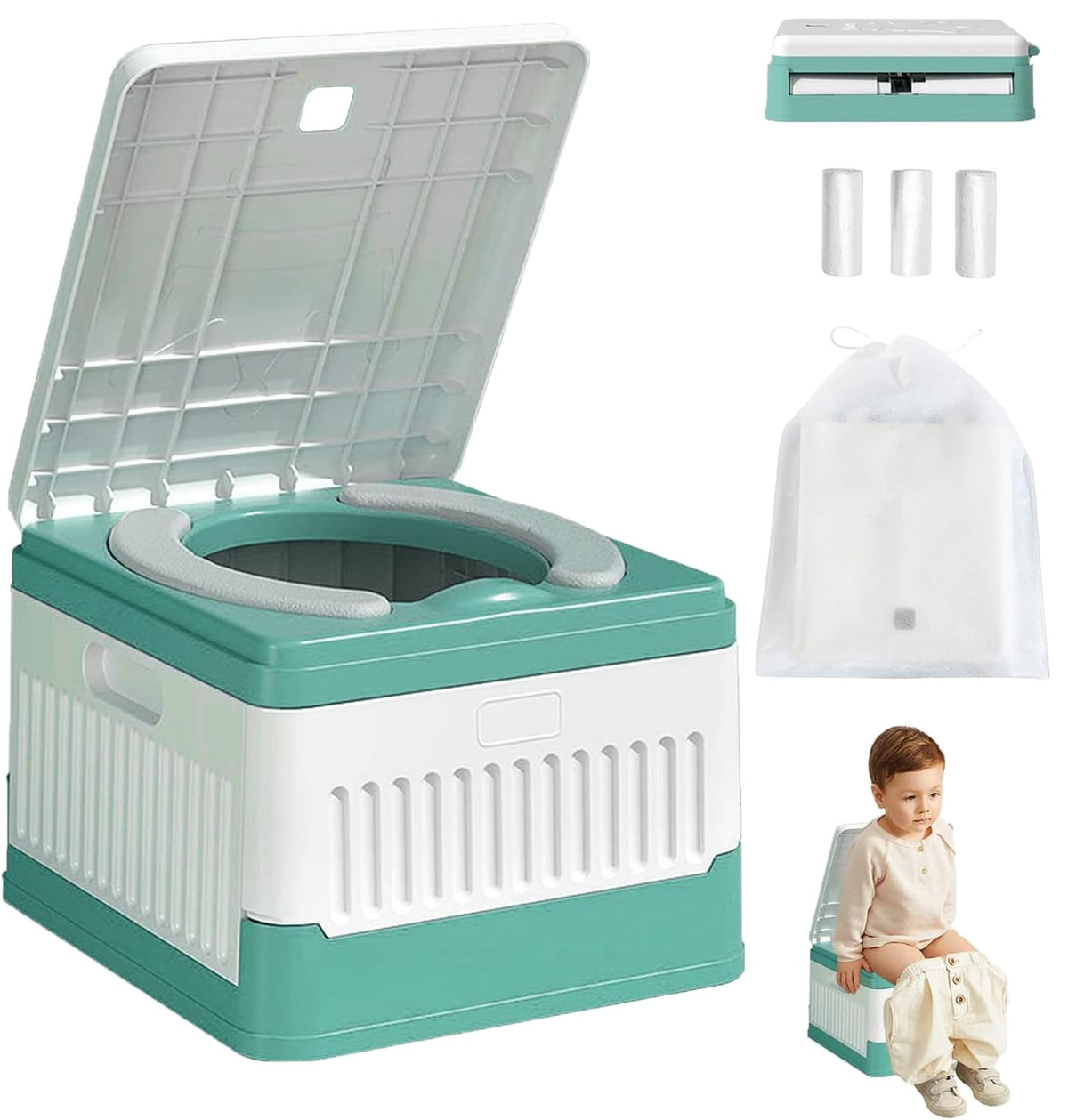 Orinal De Viaje Portátil Para Niños,Orinal plegable para niños,Asiento Entrenador Baño para Niños con 3 rollos de bolsa de limpieza de viaje,Adecuado para viajes,Coche,Camping,Parque (verde)