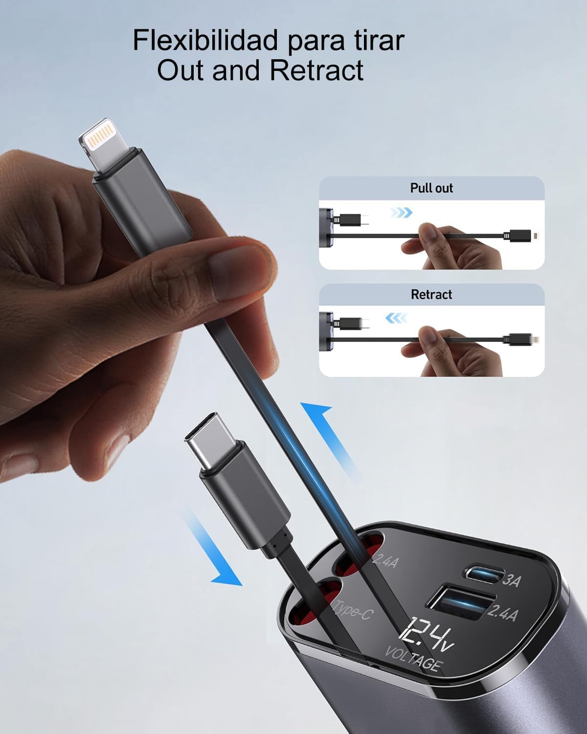 HSZSXJK Cargador para Auto, Cargador USB C 4 en 1 de 120 W, Cables retráctiles (80cm) y Adaptador de Cargador de Coche, Compatible con iPhone 15/14/13/12/11 Pro MAX, Galaxy