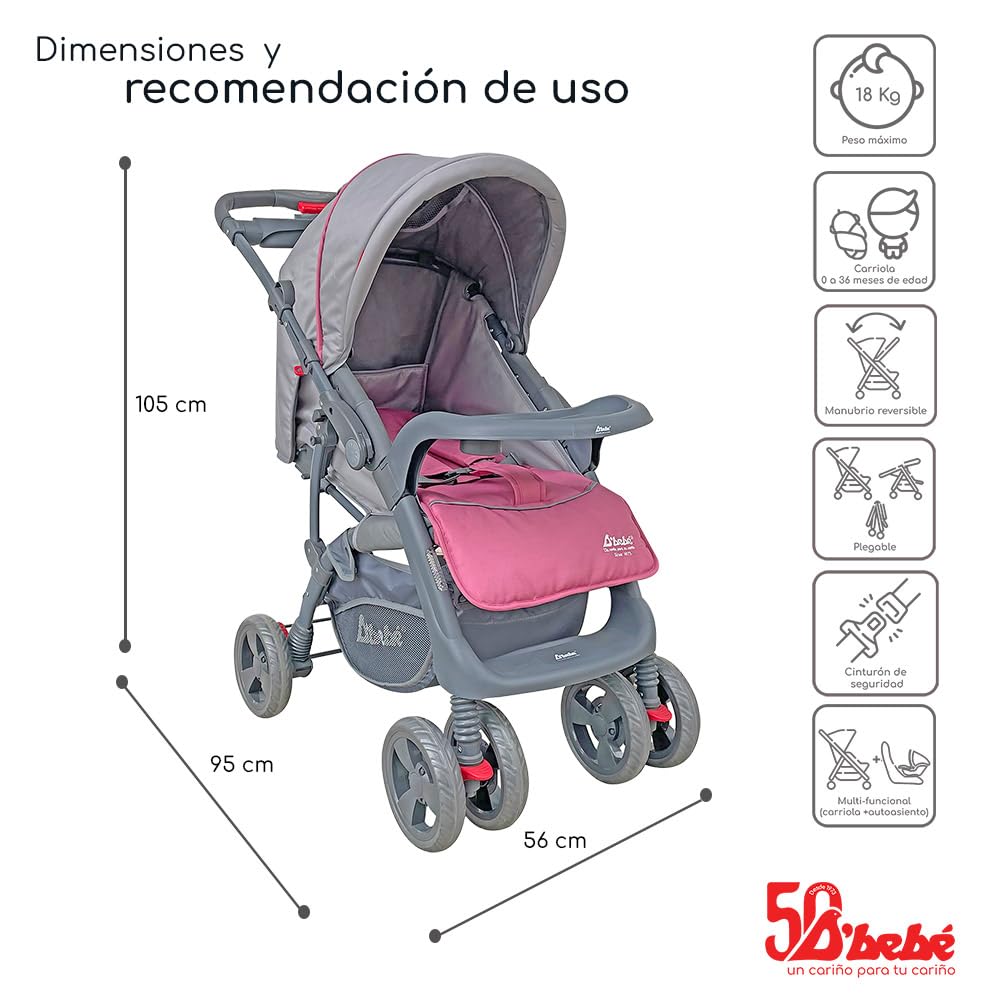 D´BEBÉ - Carriola Travel System Aventura - Carriola Multifuncional de Manubrio Reversible - Ideal para Bebés Recién Nacidos y hasta los 4 años - Incluye Portabebé - Color Rosa