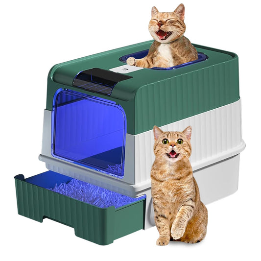 BNFU Caja de Arena para Gatos Plegable,50×35×15CM Grande Cerrado Plástico Orinal para Gato,Equipada con luz Ultravioleta y Pala para Arena, fácil de Limpiar, a Prueba de olores y Salpicaduras