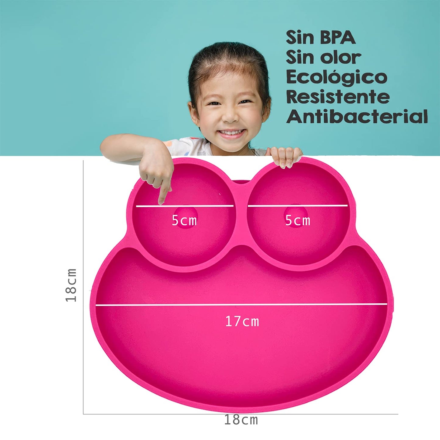 BBERIZOS Plato Antideslizante Cuchara Suave Encías Set Alimentación de Silicona para Bebe Infantil con Divisiones para Niños Grado Alimenticio para Papillas Alimentos Sólidos Snakcs Sin BPA Sin PVC (Fiucsa)