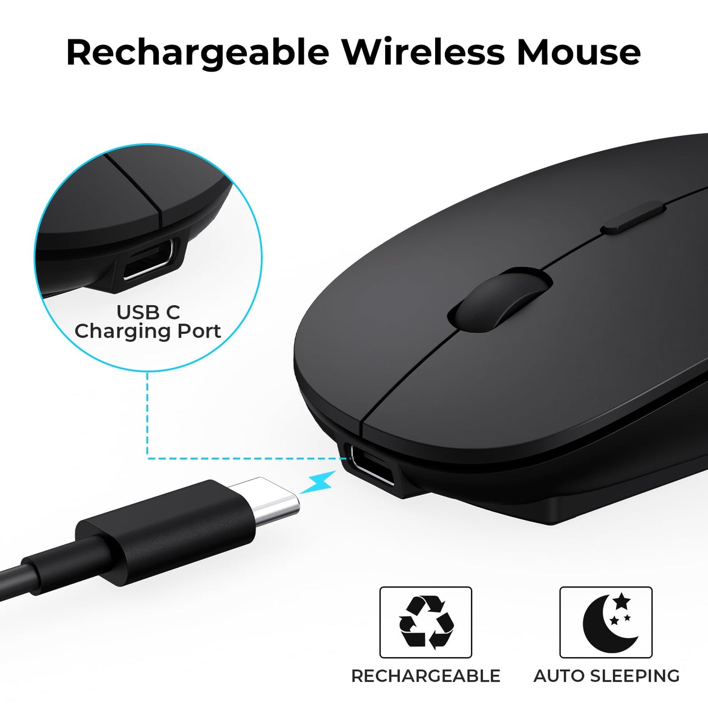 cimetech Ratón inalámbrico Receptor USB A y Tipo C, Clic silencioso, Recargable Tipo C, Revestimiento de Goma Suave al Tacto, ratón de Viaje Delgado para Ordenador portátil MacBook Air/Pro -Negro