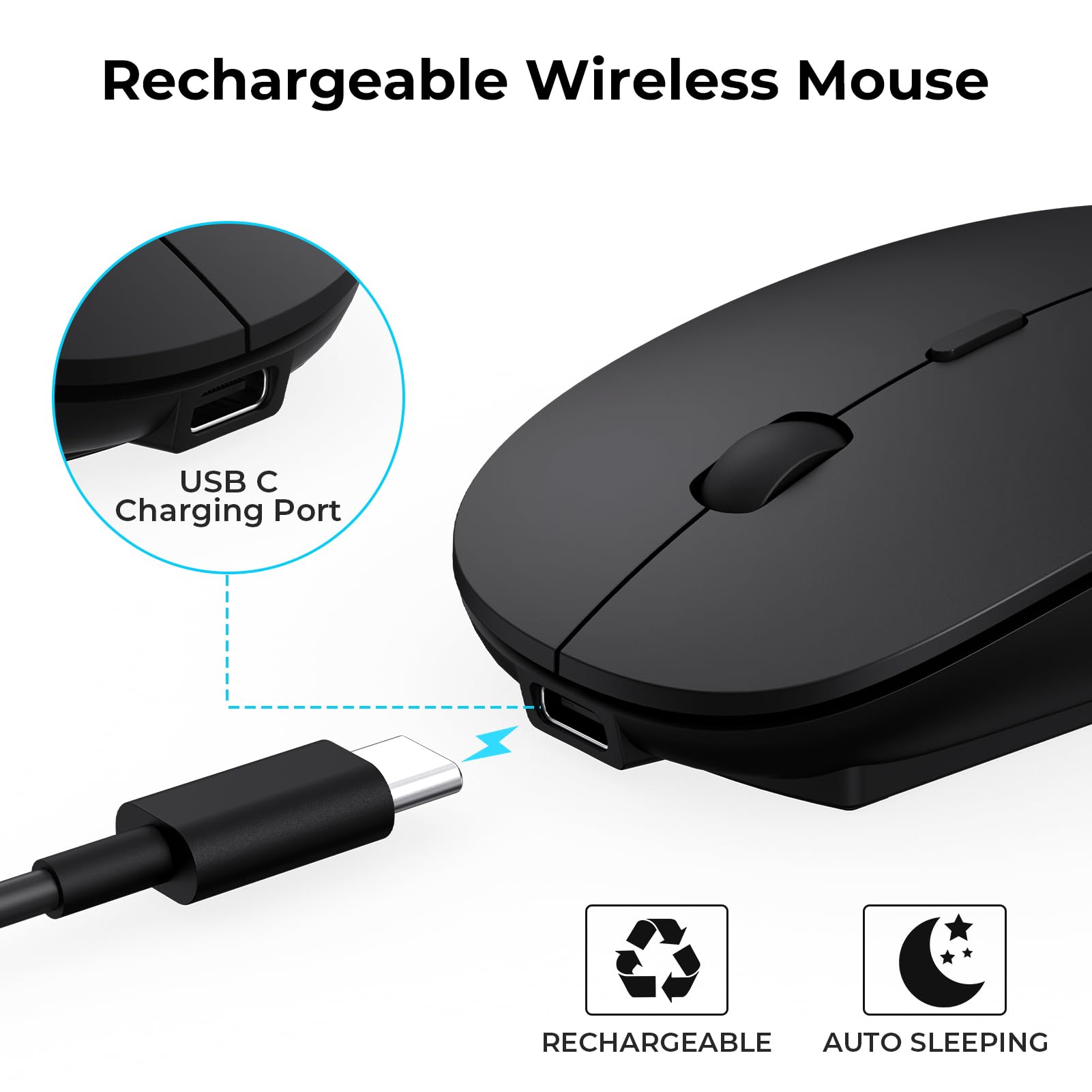cimetech Ratón inalámbrico Receptor USB A y Tipo C, Clic silencioso, Recargable Tipo C, Revestimiento de Goma Suave al Tacto, ratón de Viaje Delgado para Ordenador portátil MacBook Air/Pro -Negro