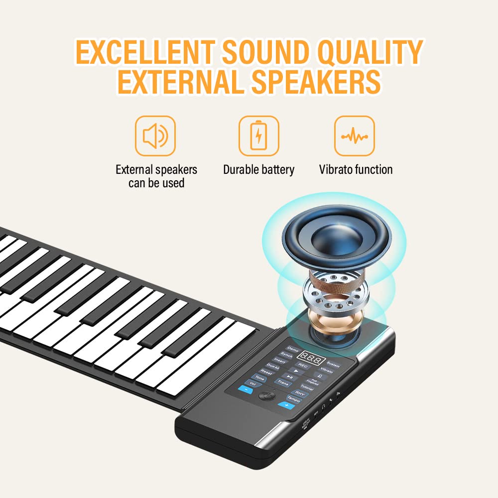 KONIX - Piano enrollable de 88 teclas, teclado portátil recargable actualizado, 128 ritmos, 128 tonos, piano de teclado desplegable con visualización LED, función MIDI, el mejor regalo para niños y principiantes