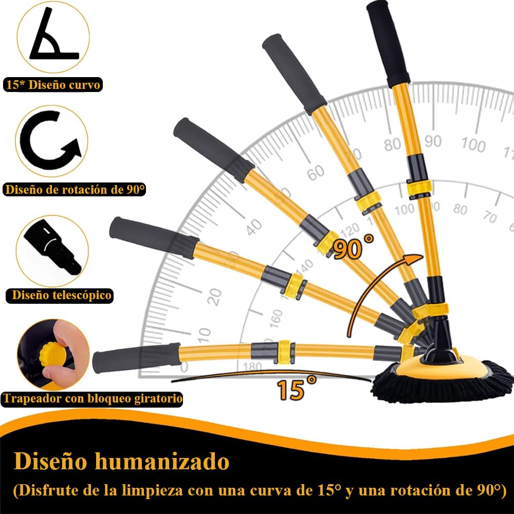 Cepillo para Lavar Carros, Kit de Limpieza para Auto, Kit de Trapeador para Lavado de Autos Con Mango Largo, Barra Telescópica 50-102 cm Con Producto de Limpieza de 3 Etapas (Negro-Amarillo)