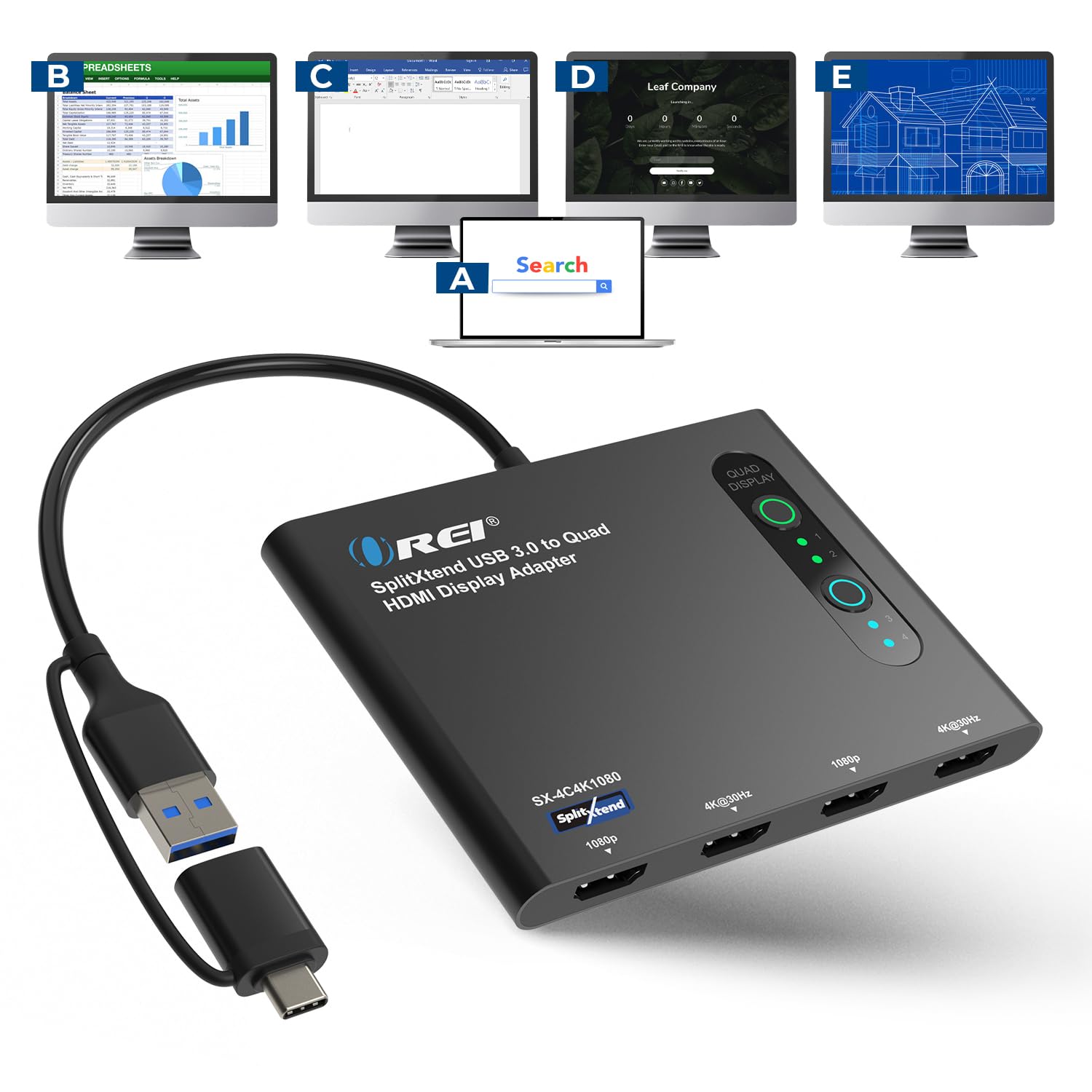 Adaptador USB-C a HDMI 2.0 OREI Negro con Visualización Extendida para Monitor Cuádruple, Salidas 4K@30Hz, para Multimonitor 5 Pantallas Separadas