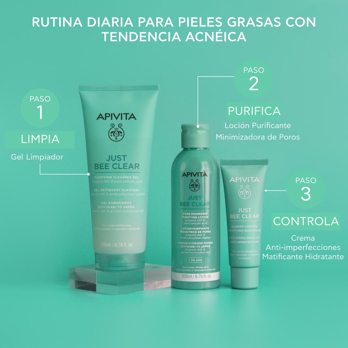 Apivita Just Bee Clear gel limpiador purificante Just Bee Clear 200 ml – con propóleo AmC patentado y ácido salicílico vegetal – limpia en profundidad, purifica y reduce el exceso de sebo