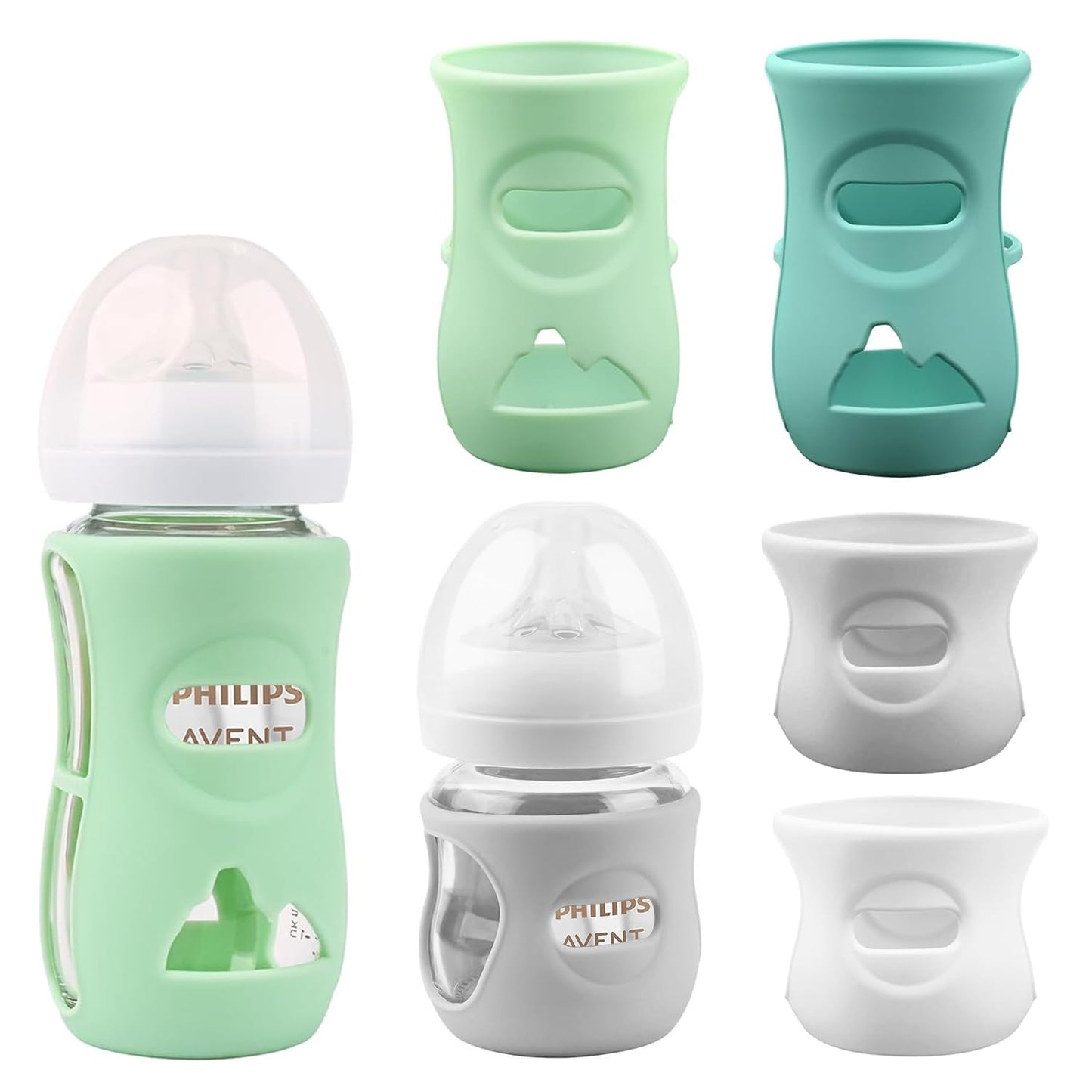 Fundas de silicona para biberones de vidrio natural Avent, paquete de 4, cubiertas a prueba de roturas, antiflujo, compatibles con biberones de 4 oz y 8 oz, sin BPA (gris+blanco+azul+verde)