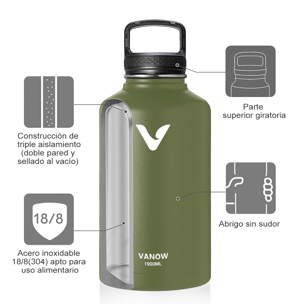 Termo de Acero Inoxidable con Asa Verde Militar Doble Pared Tapa Hermética Antigoteo 1900ml