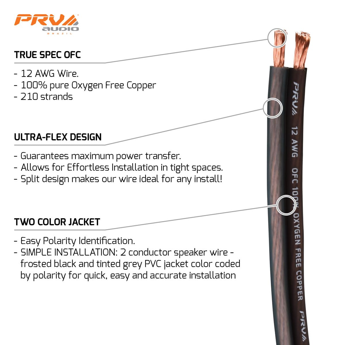 PRV AUDIO - Cable de altavoz de calibre 12 (AWG) de cobre de alta calidad sin oxígeno, rollo de 100 pies (negro/gris) cable ultra flexible para aplicaciones de audio del coche y el hogar