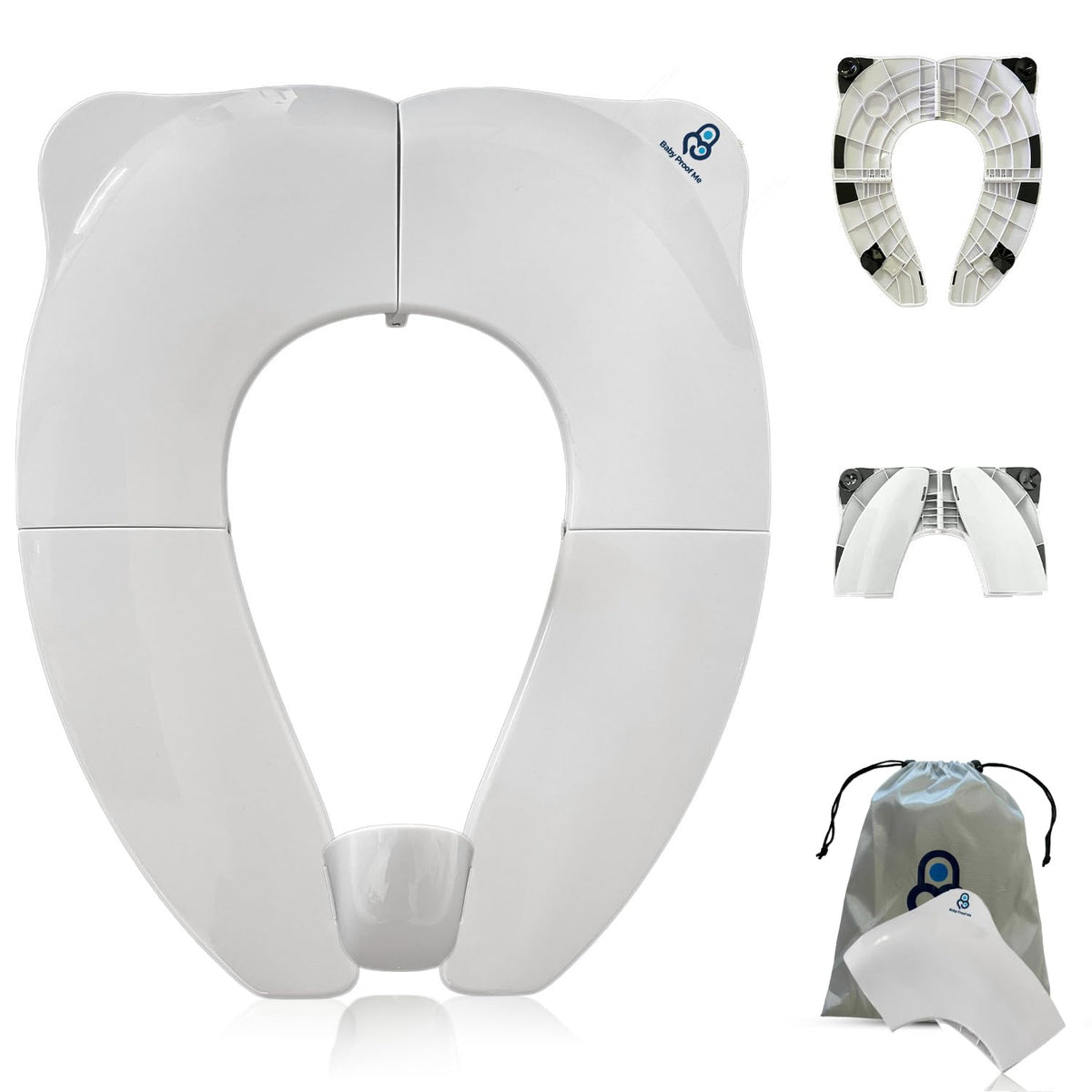 Baby Proof Me Essentials - Asiento de Inodoro para Niños con Protector Contra Salpicaduras, Plegable y Portátil con Bolsa, Asiento de Entrenamiento Antideslizante para Orinal de Viaje (Blanco)