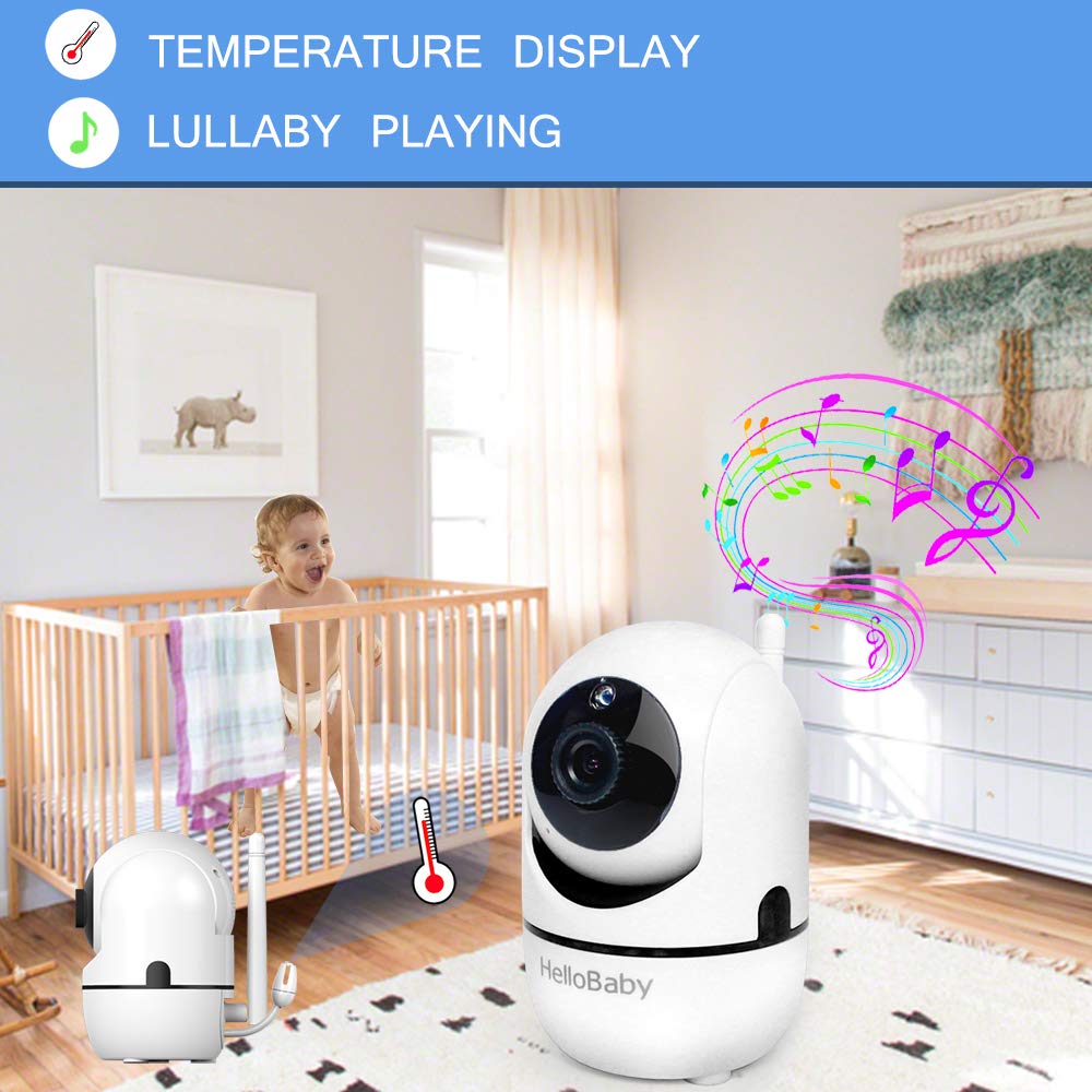 HelloBaby Video Baby Monitor with Remote Camera Pan-Tilt-Zoom, 8.1cm Colour LCD Screen, Infrared Night Vision, Temperature Display, Lullaby, Two Way Audio, with Wall Mount Kit