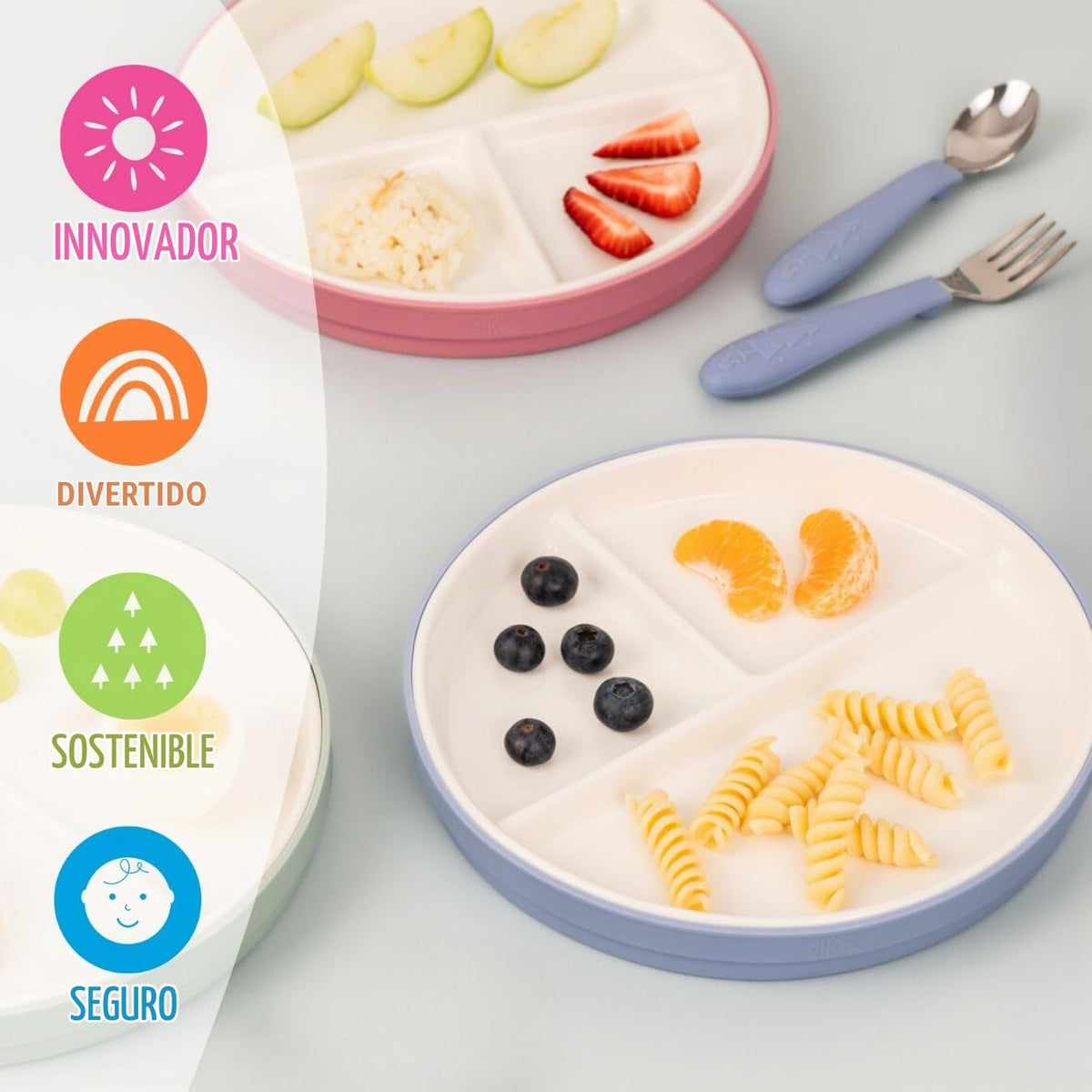 Elk and Friends Kids - Platos divididos de porcelana blanca de 6.7 pulgadas con mangas de succión de silicona + tapas, adecuados para bebés/niños pequeños, aptos para microondas y lavaplatos, vajilla