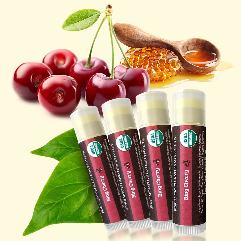 Bálsamo labial orgánico USDA de Earth's Daughter, paquete de 4 – sabor a cereza, cera de abejas, aceite de coco, vitamina E – mejor barra de reparación de labios para labios secos agrietados.