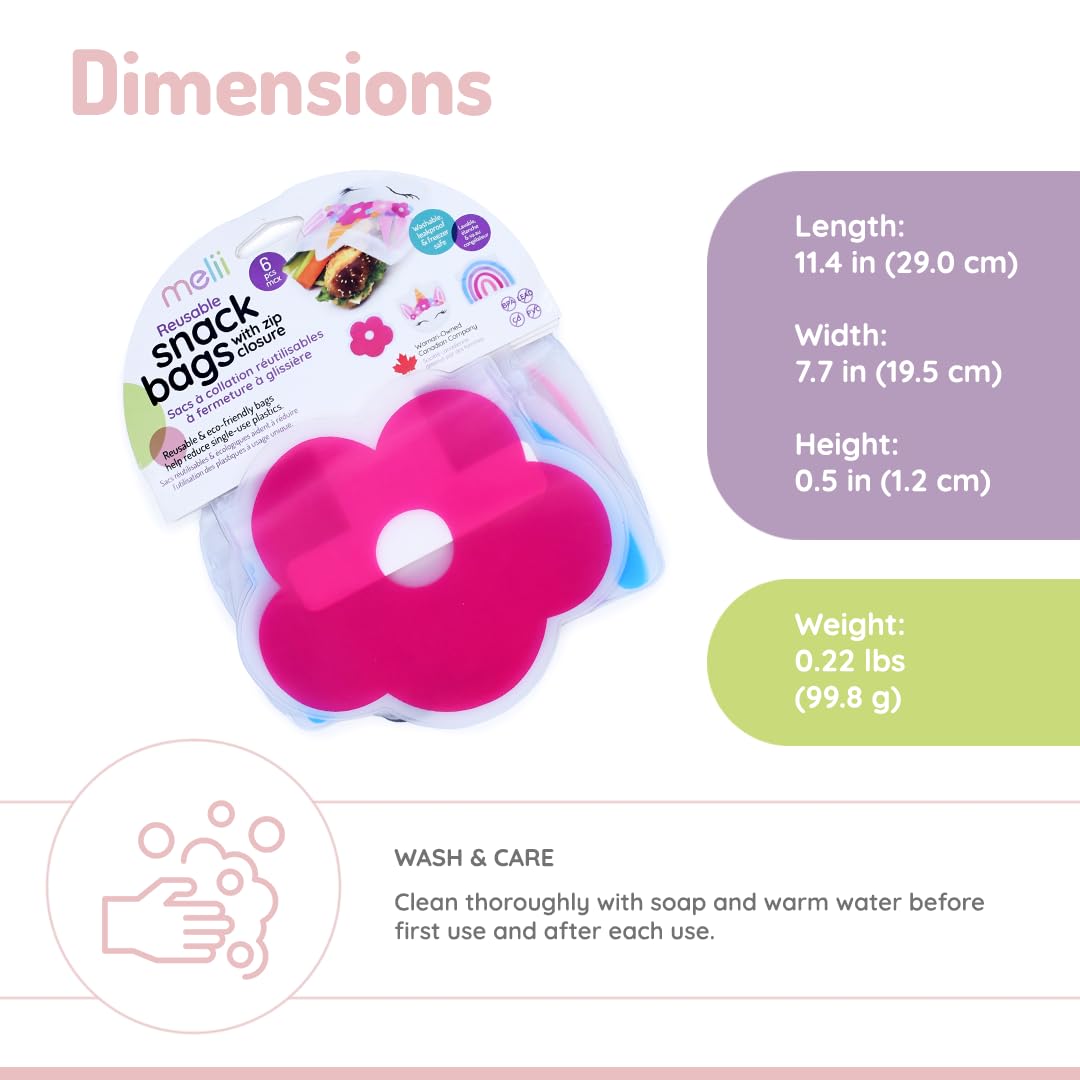 Melii - Bolsas reutilizables para aperitivos. Paquete de 6 bolsas a prueba de fugas para sándwiches, aperitivos, almacenamiento de alimentos y más, unicornio, flor, arco iris