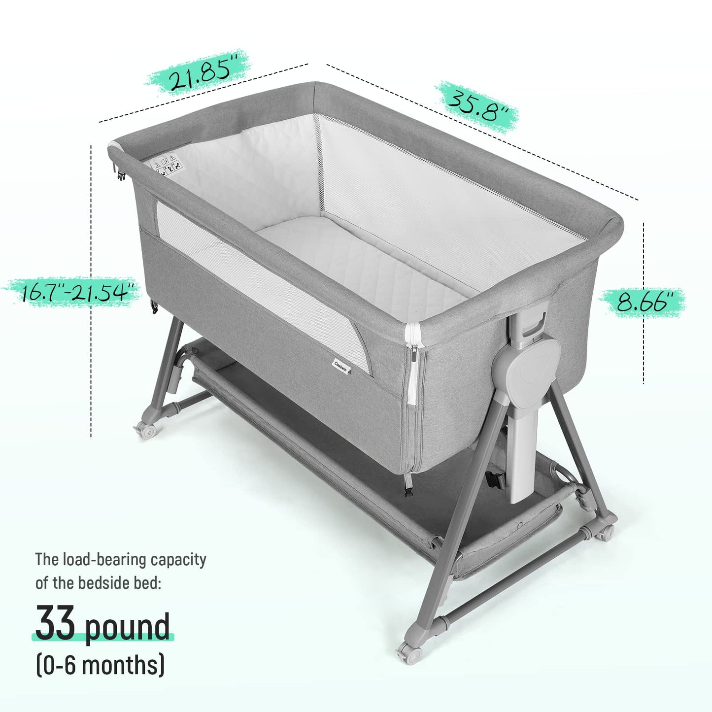 Cowiewie - Moisés para cama de noche, con 7 altura ajustable, moisés de noche para bebé con almacenamiento, malla transpirable y colchón, moisés portátil fácil de plegar (pirámide gris claro)