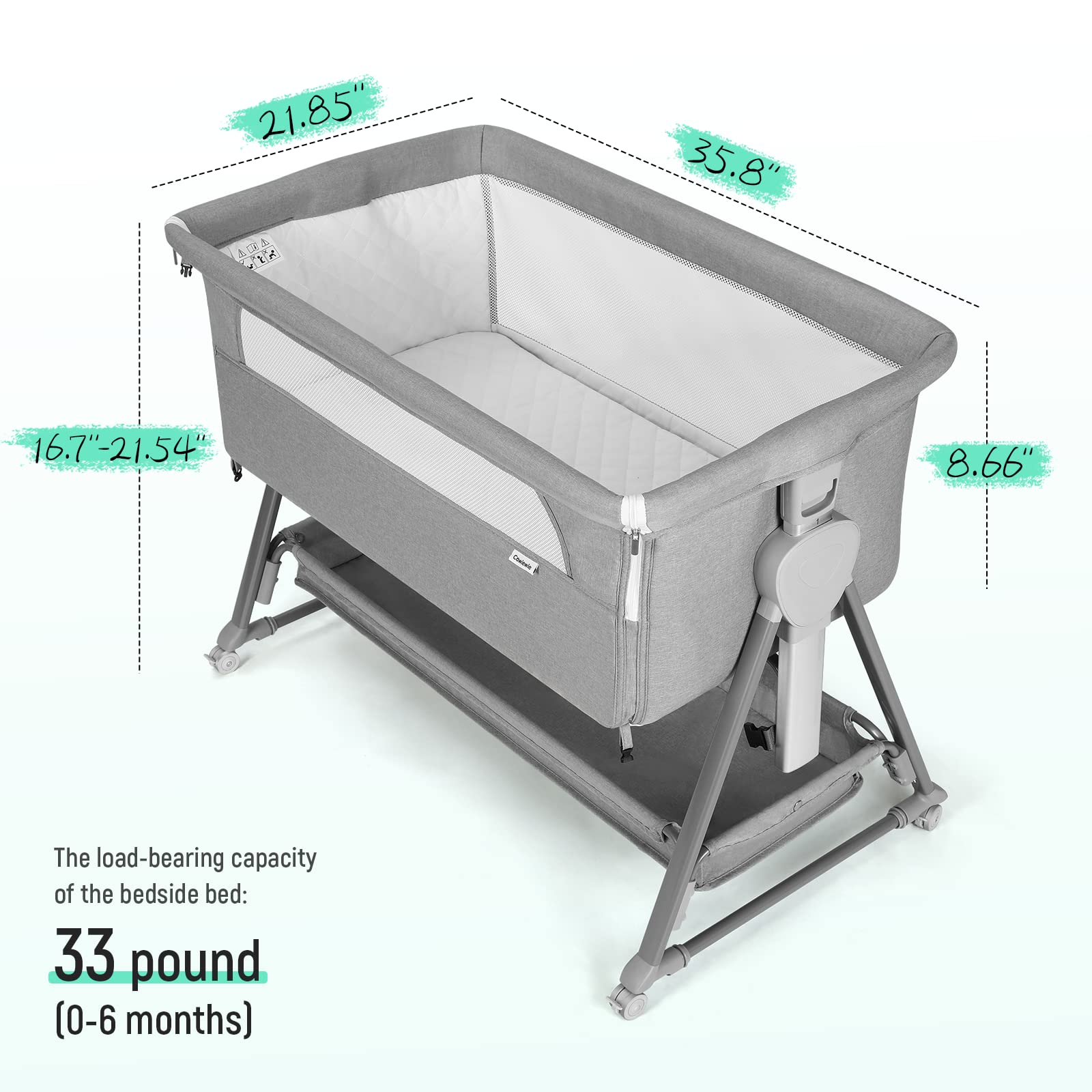 Cowiewie - Moisés para cama de noche, con 7 altura ajustable, moisés de noche para bebé con almacenamiento, malla transpirable y colchón, moisés portátil fácil de plegar (pirámide gris claro)