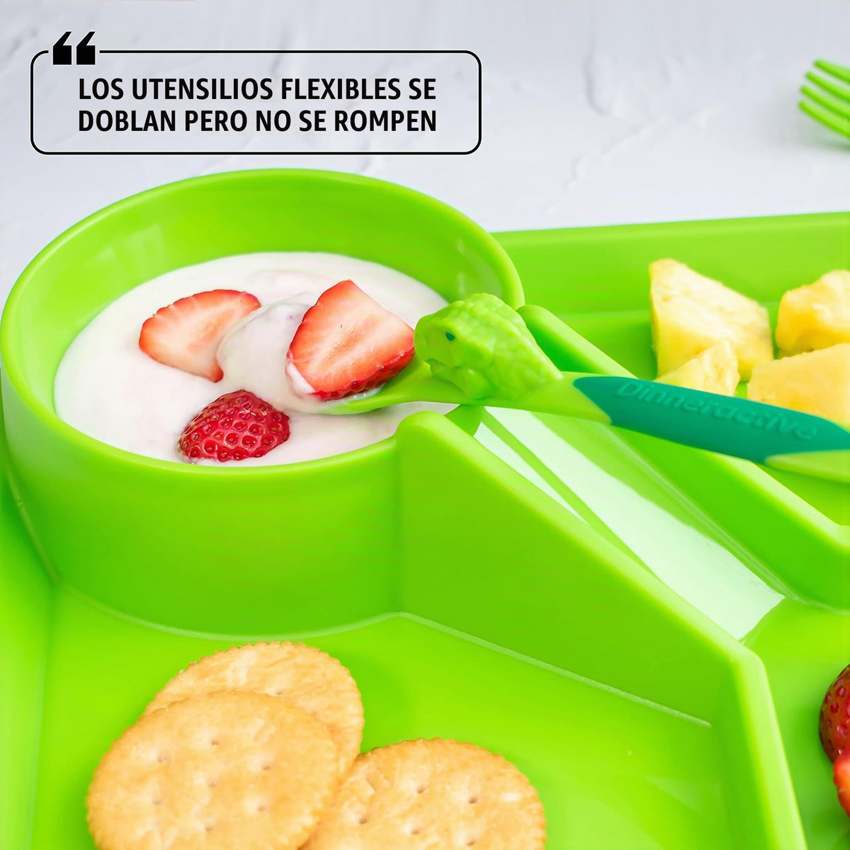 Dinneractive - Juego de comedor para niños, vajilla de dinosaurio verde, 3 piezas, utensilios de dinosaurio, platos para niños pequeños, platos para bebés