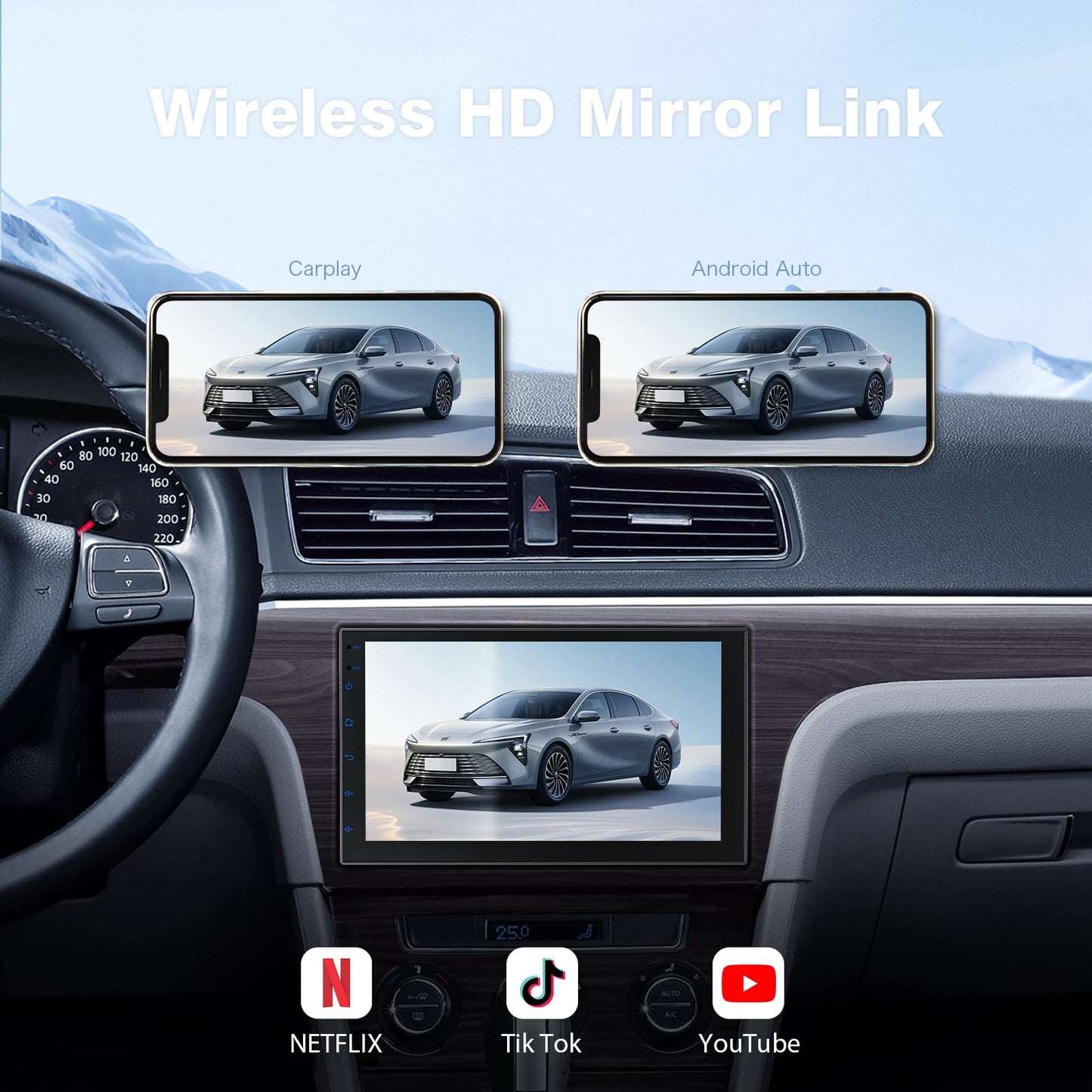 Haudio Estéreo de coche de 7" doble DIN con Apple CarPlay inalámbrico y Android Auto, Radio de coche Bluetooth con pantalla táctil, navegación GPS, Android 13, 2G+32G (Sin cámara de reversa)