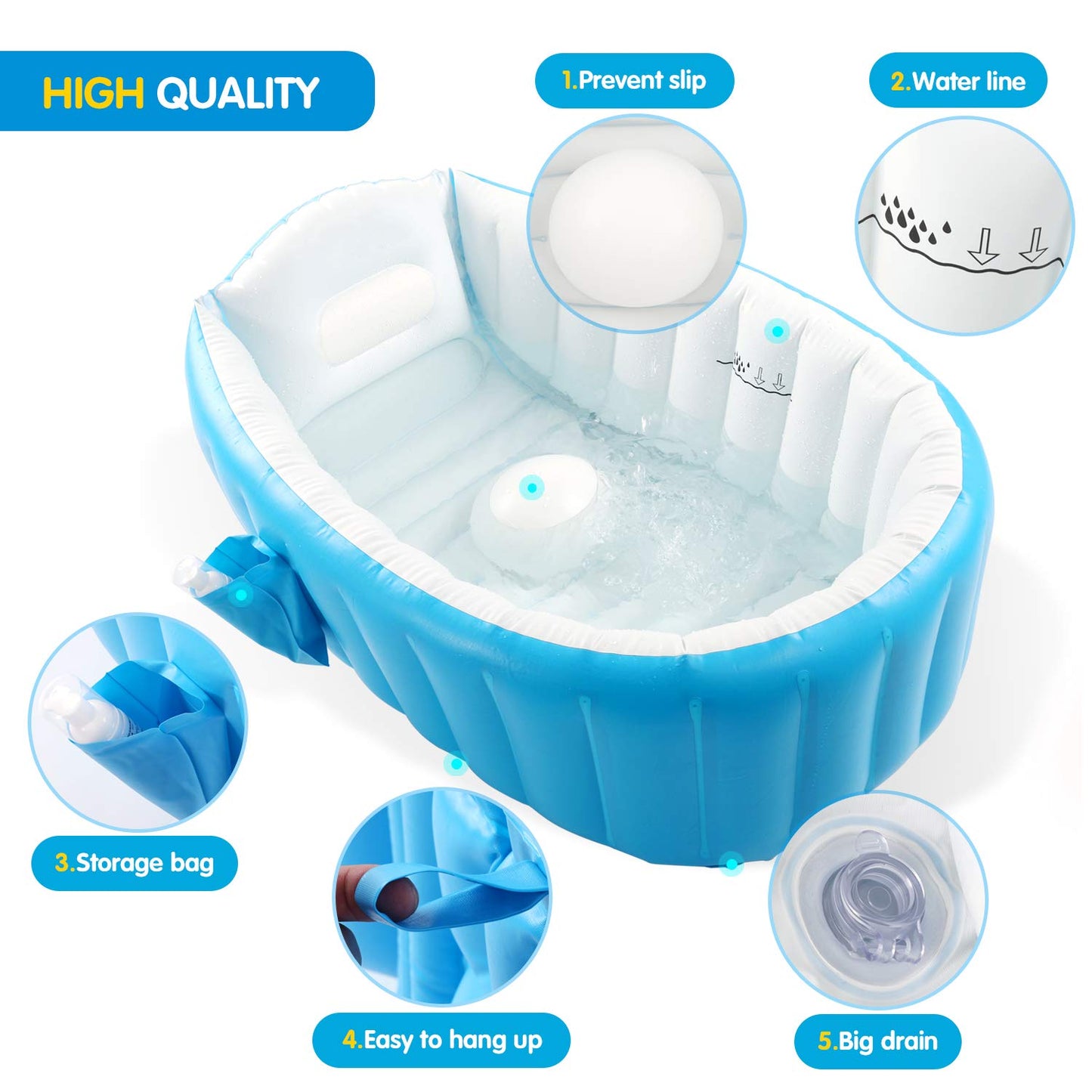 Bañera inflable para bebé, tina de viaje antideslizante portátil para niños pequeños, alberca gruesa plegable para baño con bomba de aire, azul