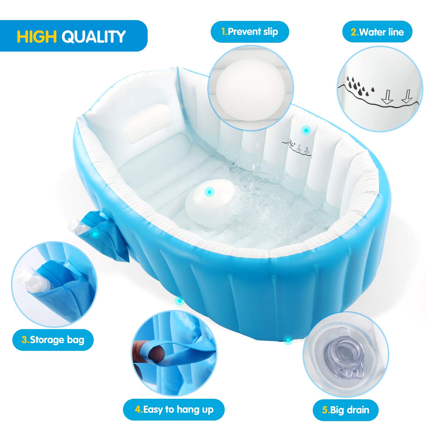 Bañera inflable para bebé, tina de viaje antideslizante portátil para niños pequeños, alberca gruesa plegable para baño con bomba de aire, azul