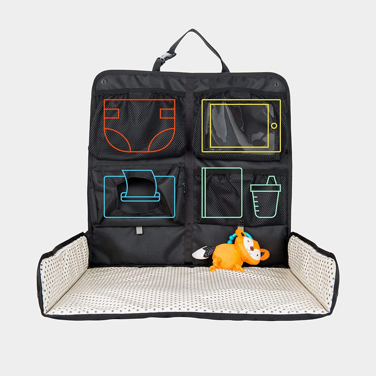Beanko Estación de cambio de pañales portátil para bebé para tu coche, impermeable, desmontable, bucles de juguete, 4 bolsillos, soporte para toallitas húmedas, tapete para el tiempo de la barriga, tapete para patadas, soporte para tableta | LUMI - negro