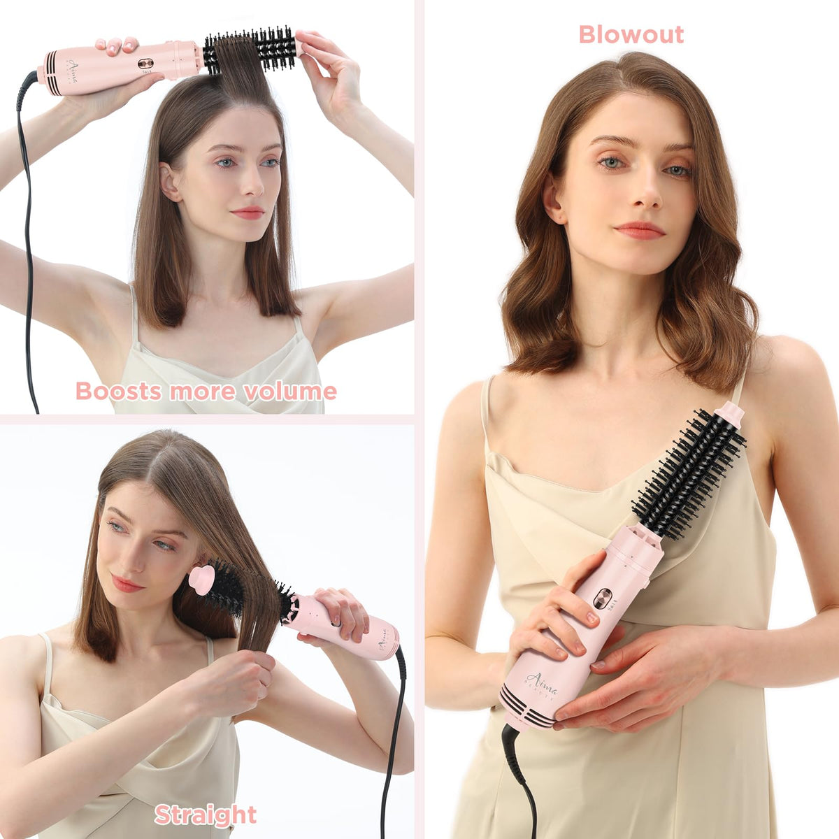 Cepillo para Secador de Pelo Aima Beauty Rosa con Aire Caliente Iónico y Cerdas Copetudas