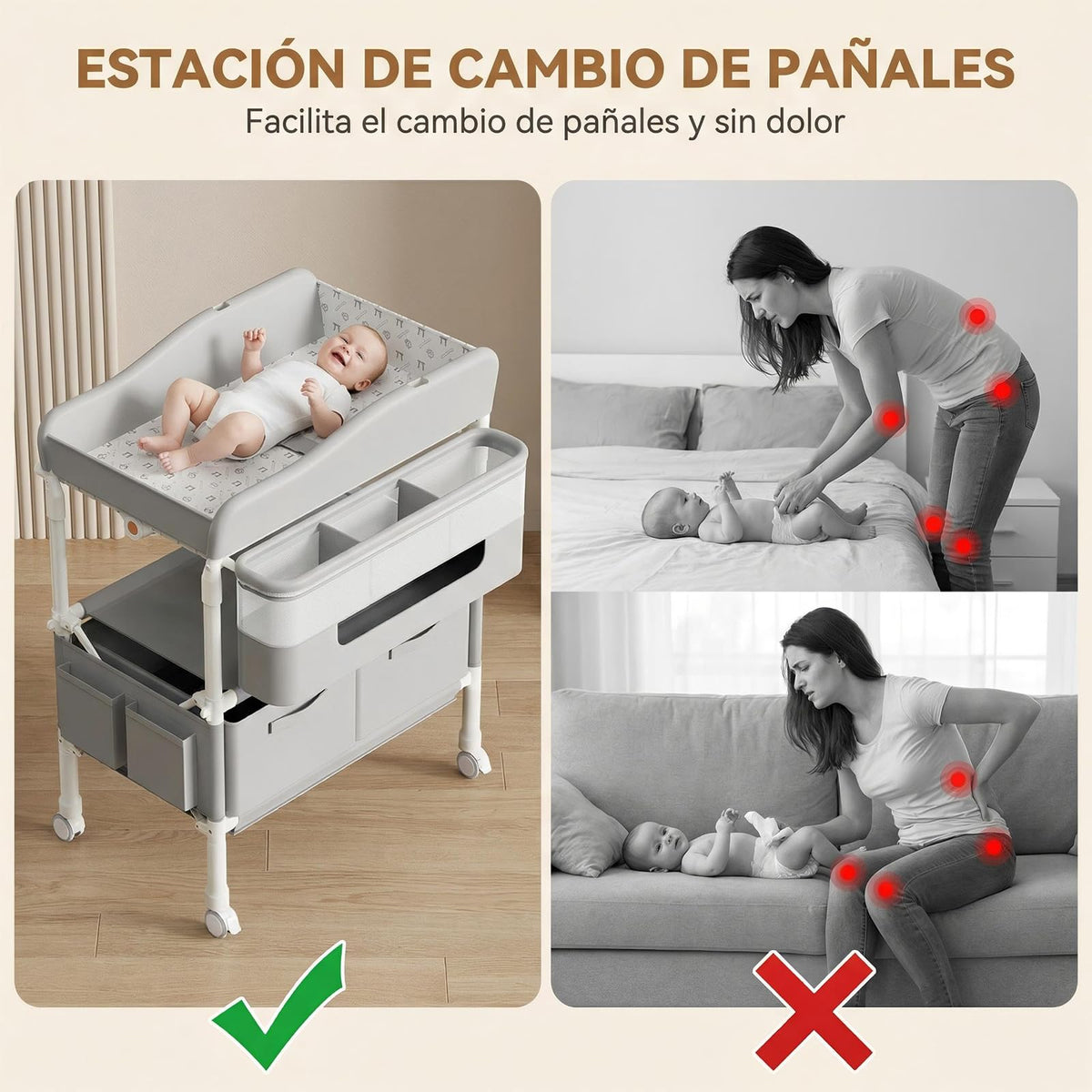 Mueble Cambiador para Bebe, Cambiador de Pañales para Bebe Plegable, Altura Regulable,con 2 Cajones,Ruedas y Cinturón de Seguridad, Cambiador para Bebe Impermeable para Recién Nacidos a Niños Pequeños
