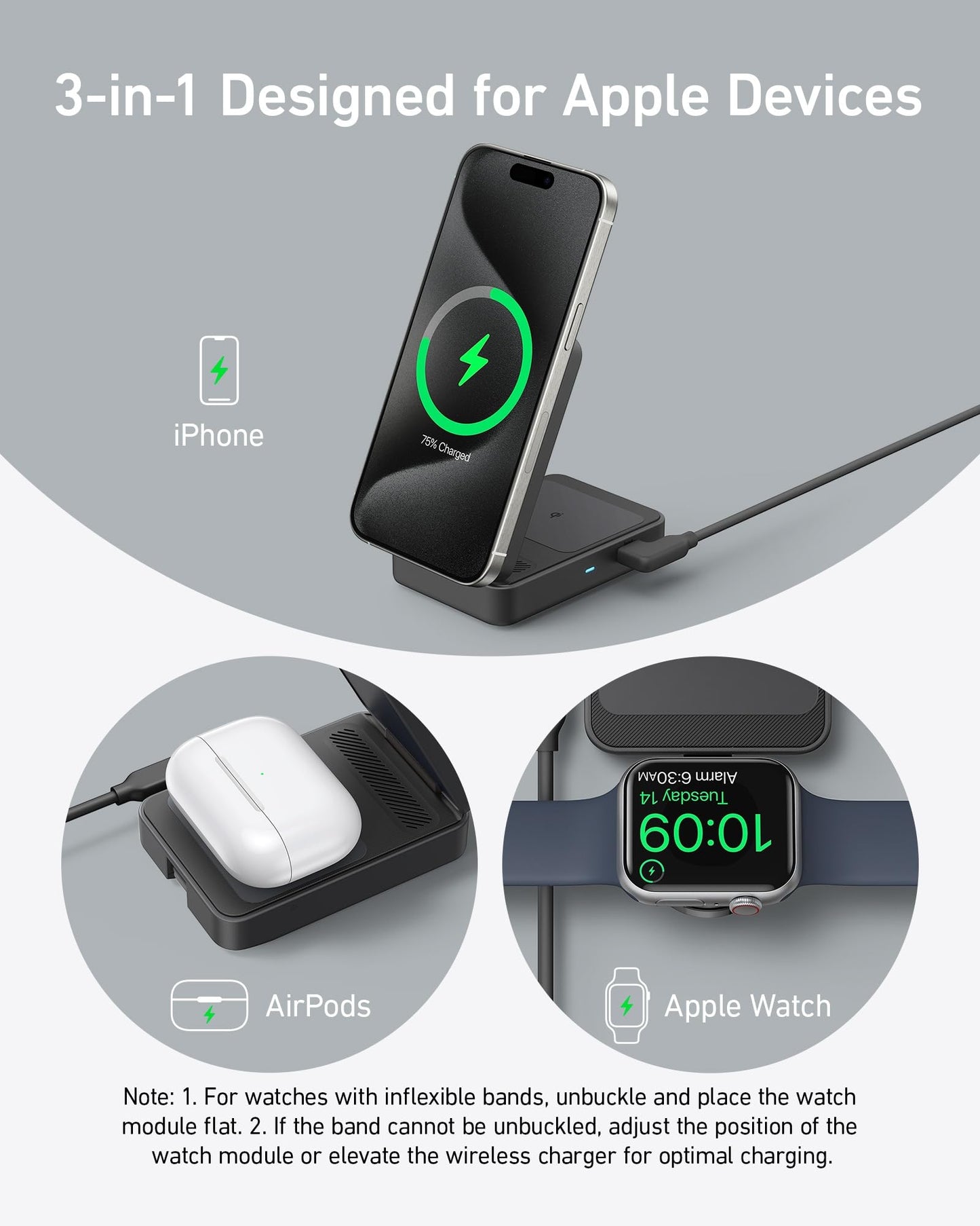 Estación de Carga Inalámbrica Anker MagGo Blanca con Cargador MagSafe de 15 W para iPhone 15/14, AirPods y Apple Watch S9