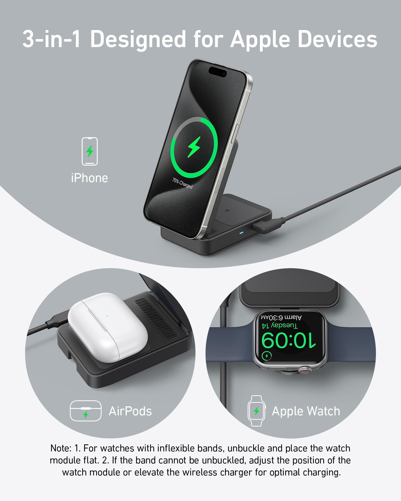 Estación de Carga Inalámbrica Anker MagGo Blanca con Cargador MagSafe de 15 W para iPhone 15/14, AirPods y Apple Watch S9