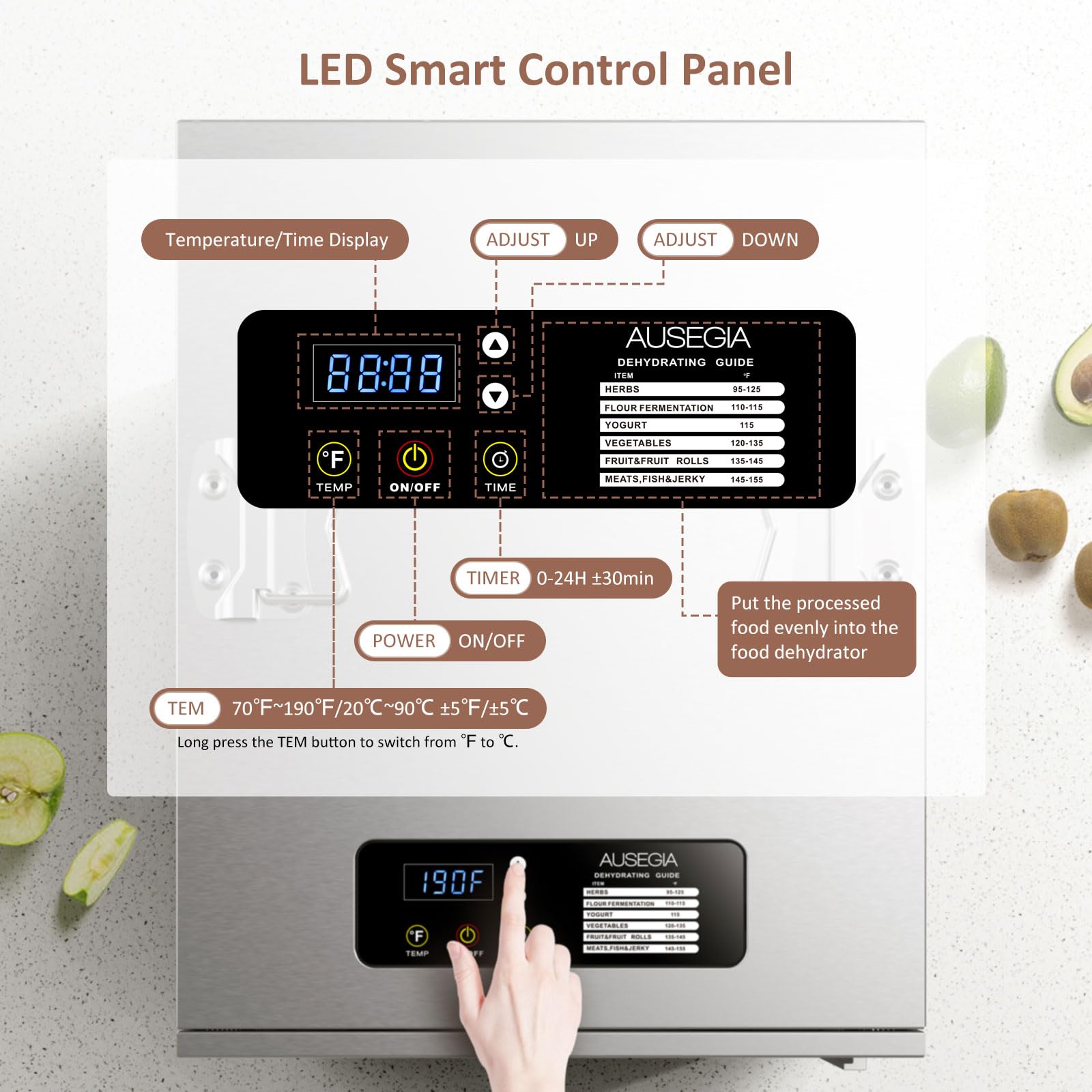Ausegia Commercial - Deshidratador de alimentos de 12 bandejas grandes, área de uso de hasta 22.67 pies cuadrados, secadora de acero inoxidable completo de 1200 W, temperatura de hasta 180 °F, para