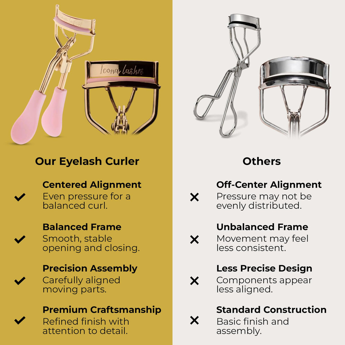 Eyelash Curler for Lush, Luxurious Lashes || 24K Gold Plated Stainless Steel with Silicone Pad & Ergonomic Silicone Cushioned Handles || Comes with Ex